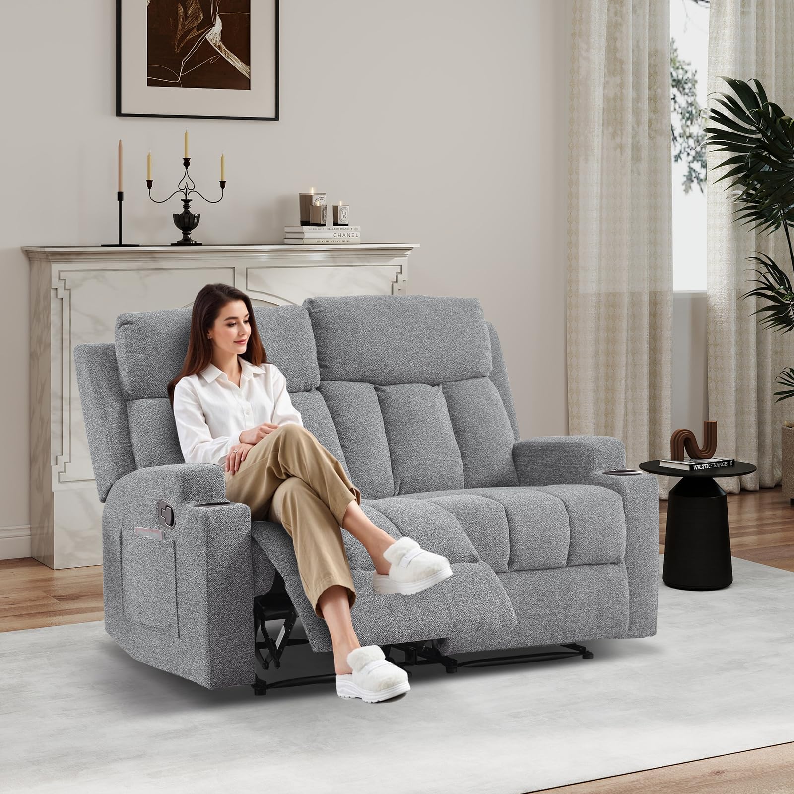 CANMOV Manual Recliner Sofa Set, Soft Fabric Reclining Loveseat with Side Pockets and Cup Holders, 2 Seat Reclining Couch for Living Room, Office, Light Grey view 7