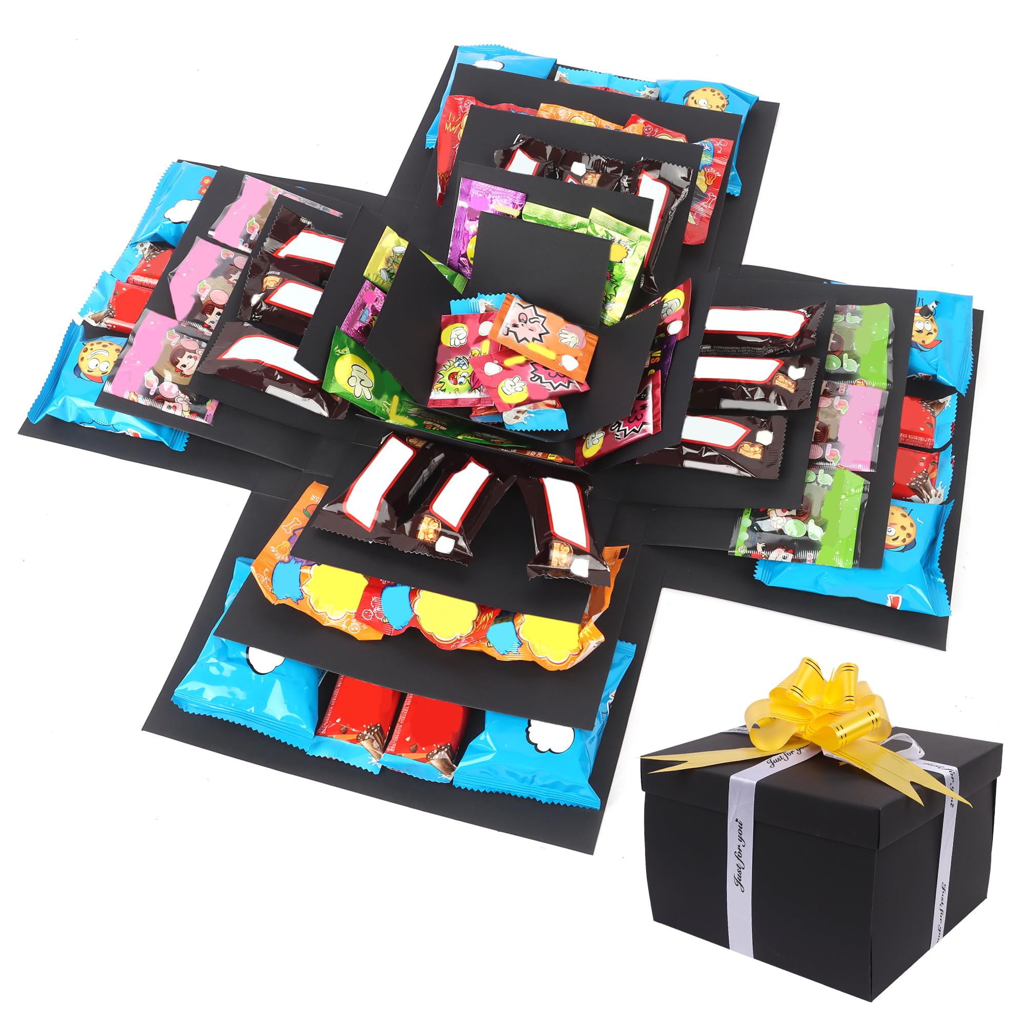 Explosion Gift Box, 5 Layer Snack Explosion Box with Tape and Ribbon, Black DIY Surprise Box Scrapbooking Boxes Photo Album Explosion Boxes for Birthday Anniversary Valentine's Day Wedding
