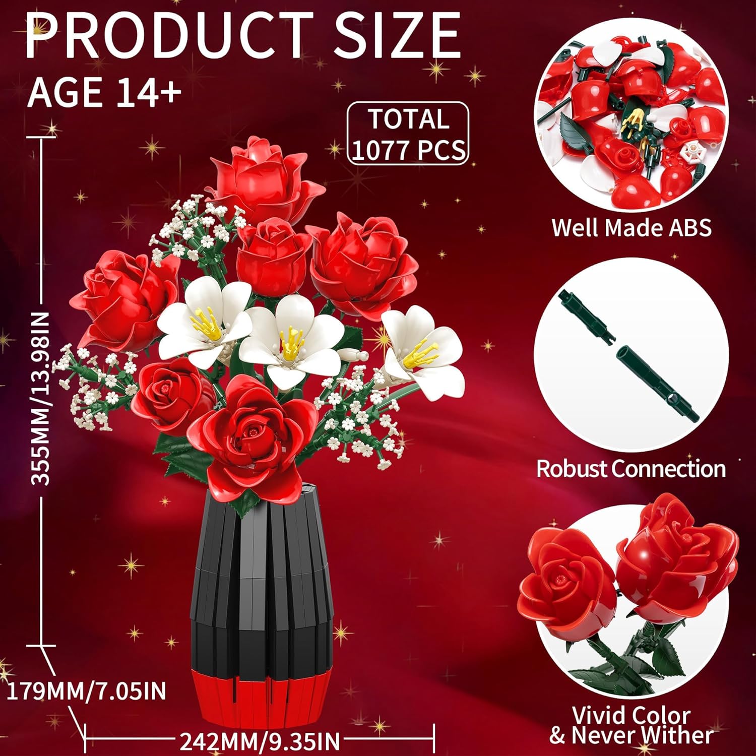 Roses Flower Bouquet Building Blocks with Vase, Valentines Day Gifts for Her Wife Him, 1077PCS Botanical Collection Artificial Flower Birthday Gifts for Women Men Husband Mom Teen Girls Teacher Adults