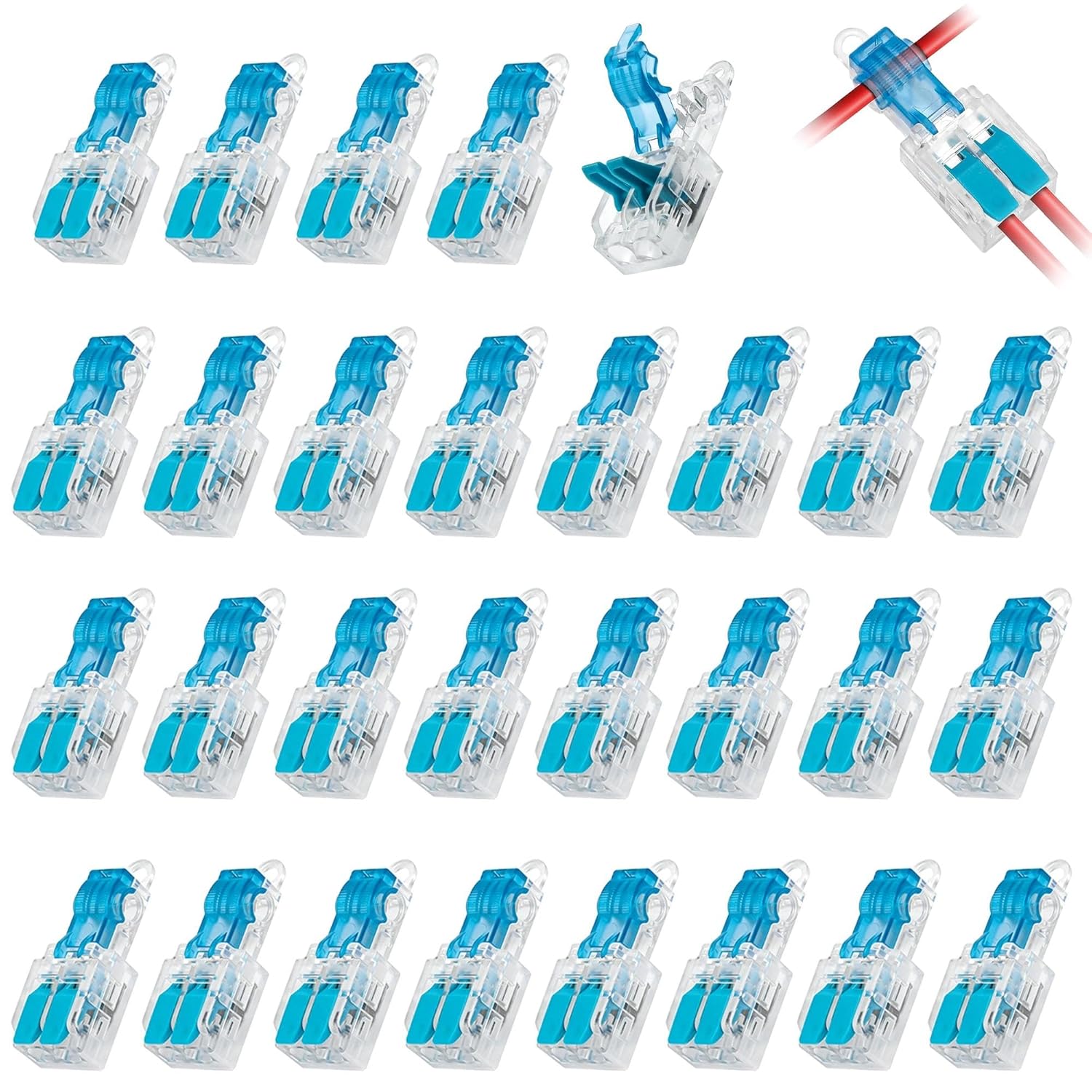 30PCS T Tap Lever Wire Connectors 20-14AWG, No Stripping Quick Connect Low Voltage Connectors Kit, T Type 2 Pins 3 Way Wire Splice Connector Push-in 1 in 2 Out