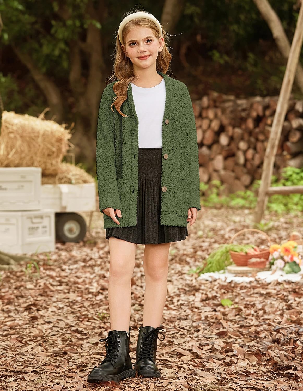 GRACE KARIN Girls Open Front Cardigan Long Sleeve Popcorn Knit Sweaters Outwear Coat with Pockets
