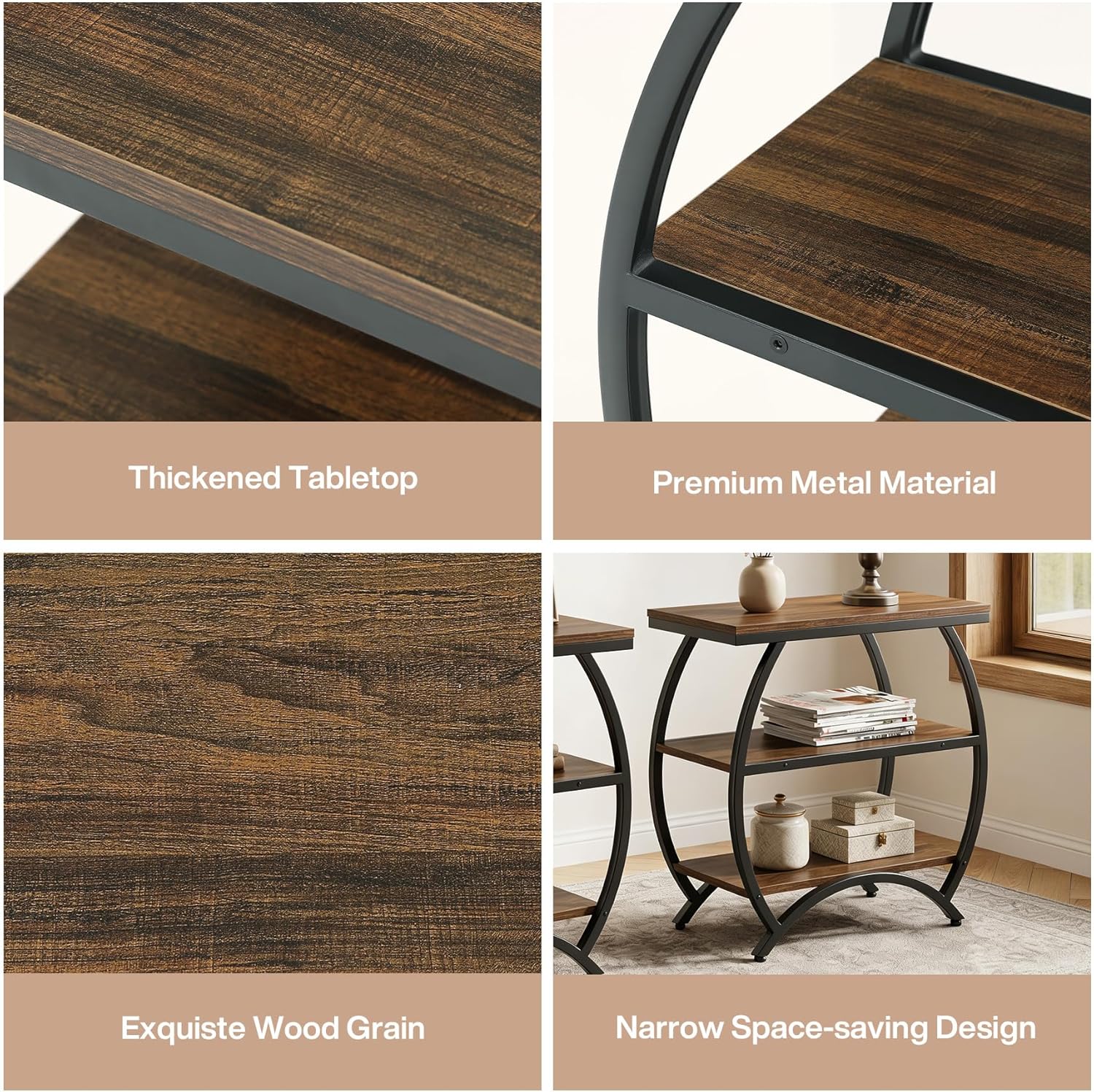 Tribesigns End Table for Living Room, Narrow Couch Side Table with 3-Tier Storage Shelves, Small Bedside Nightstand with Metal Frame, Rustic Brown