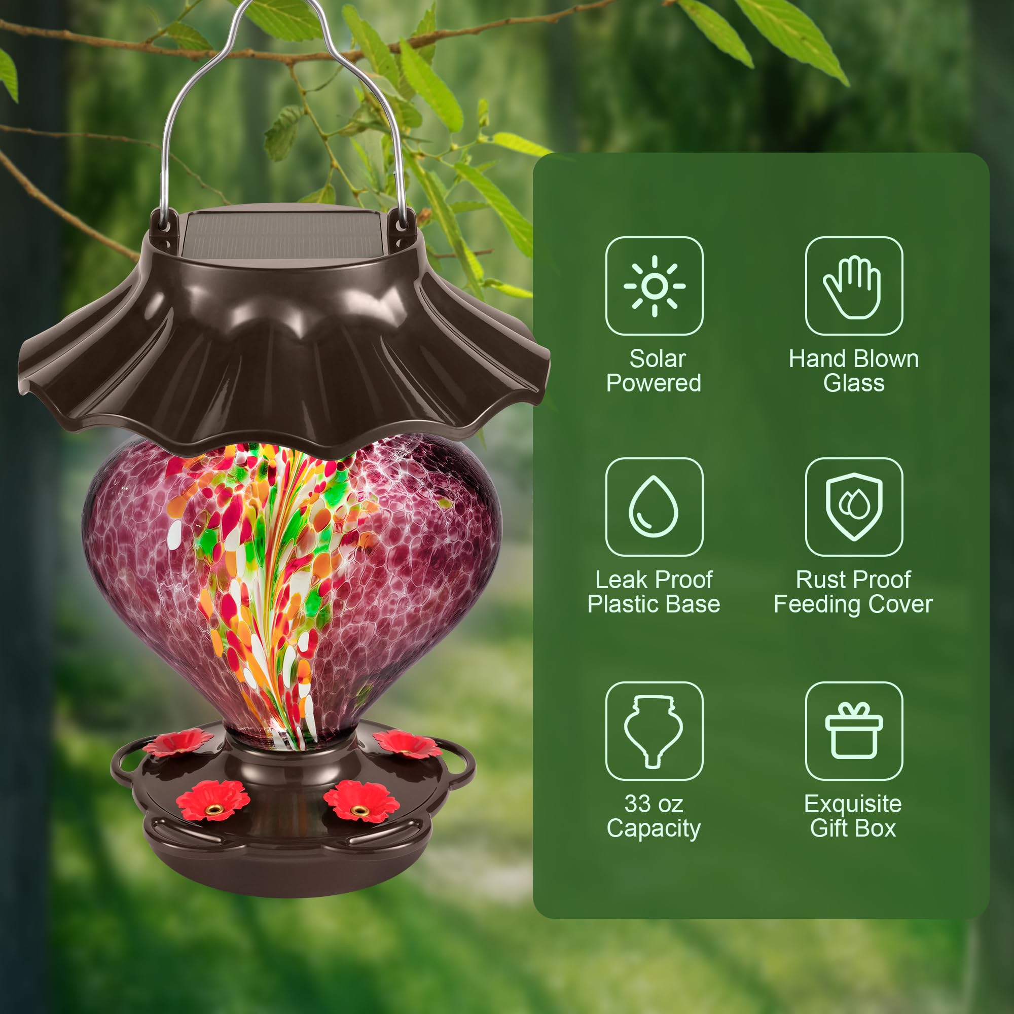 Mangiatoia solare a forma di cuore per esterni, in vetro soffiato a mano, 33 fl.oz, a prova di perdite e antiruggine, include 2 ganci per appendere, decorazione unica da giardino con LED a energia