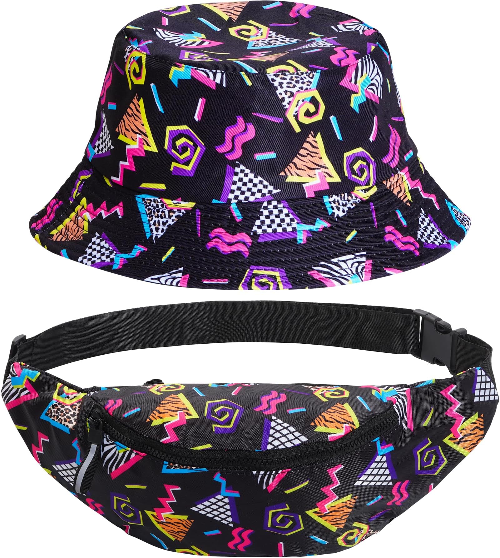 Pistha80s 90s Fanny Pack Bucket Hat Set for Women Men Neon Waist Bag 90s Hat Retro Casual Outfit for 1980s/1990s Costume
