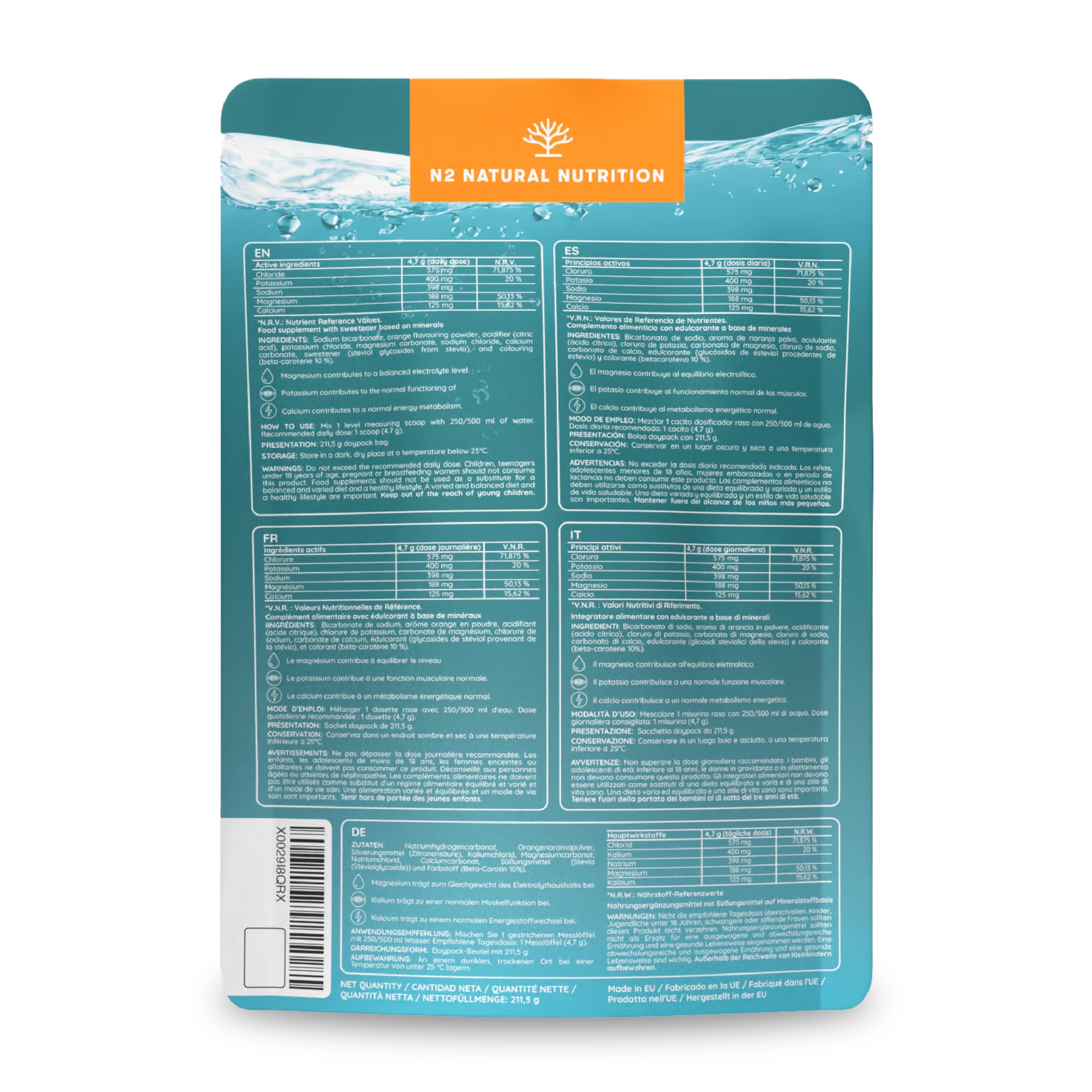 Electrolitos sin azúcar, 1686mg para 45 días de Hidratación. Bebida isótonica con Cloruro, Potasio, Sodio, Calcio y Magnesio. Deportivo, Energético, Vegano, Dieta Keto. N2 Natural Nutrition