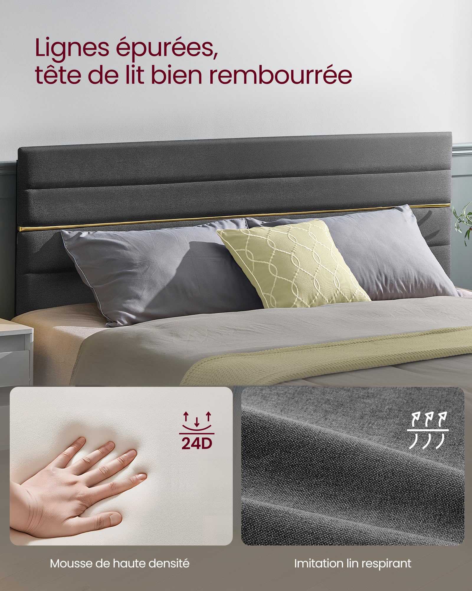VASAGLE Lit Double, Cadre de Lit, Convient pour Un Matelas de 160 x 200 cm, Tête de Lit Rembourrée Ajustable, en Métal, Bois Massif, Moderne, Gris Ardoise RMB505G01