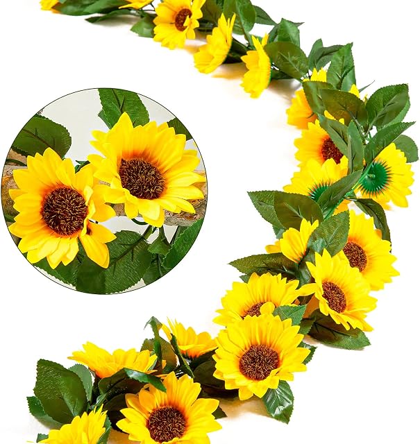 Whaline 2 Pack Artificial Sunflower Garland Silk Sunflower Vine Faux Flower Hanging Garland with Green Leaves Fake Floral Arrangement for Wedding Party Anniversary Home Office Table Centerpiece Decor