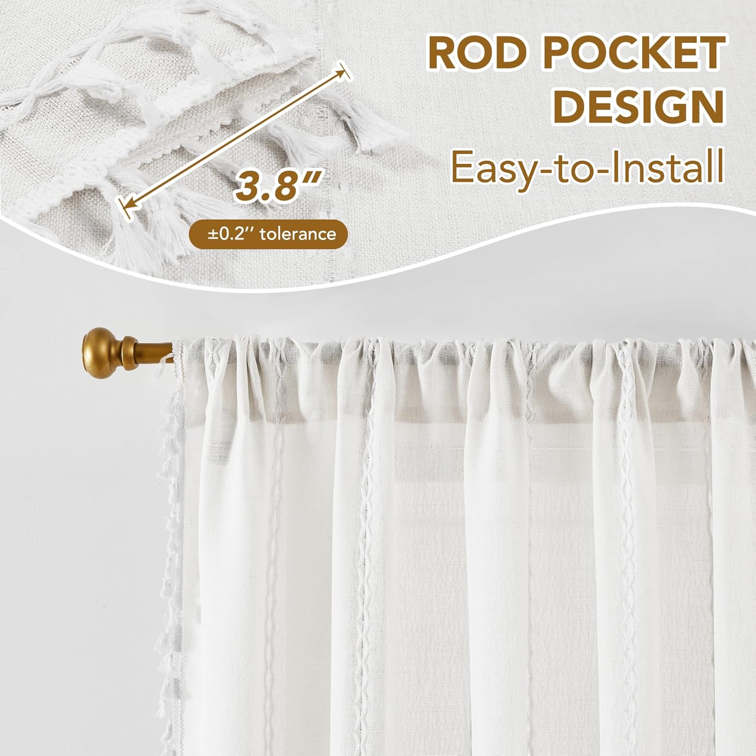 Deconovo Boho Curtains, Semi-Sheer Curtains 2 Panels, Faux-Linen Window Curtain with Tassel, Rod Pocket Light Filtering Window Drapes for Living Room/Bedroom, 52W x 96L, White, Easy Care, Easy Install