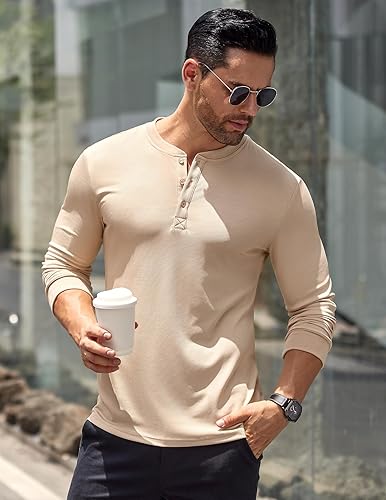 Miniatura 5 de COOFANDY Camisas Henley de manga larga para hombre, camisetas elásticas acanaladas, camisetas básicas casuales de moda