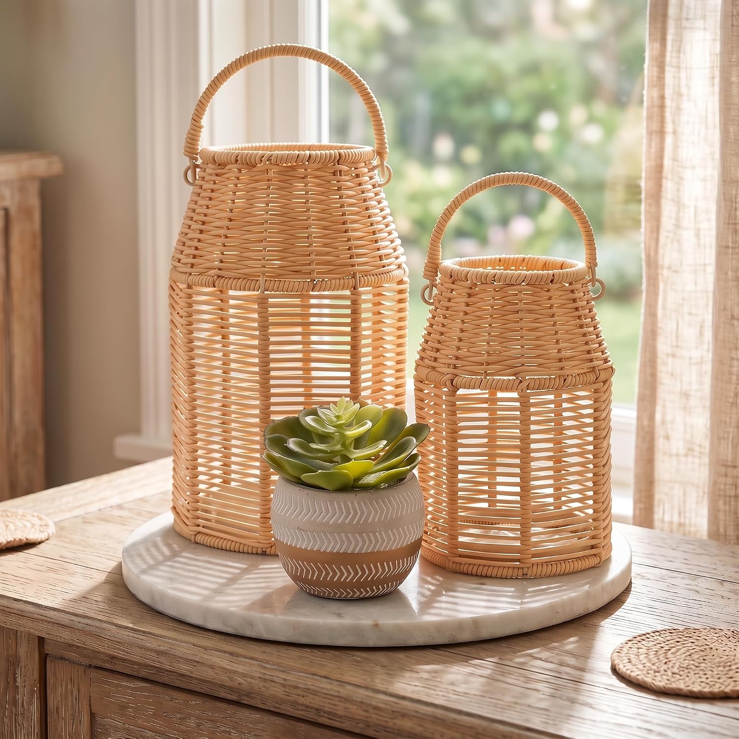Boho Rattan Lanterns, Waterproof Wicker Lanterns Decorative, 2 Pcs | Outdoor and Indoor Use, Handcrafted Chic Patio Decor for Porch, Living Room, Coffee Table, or Kitchen Dining Table