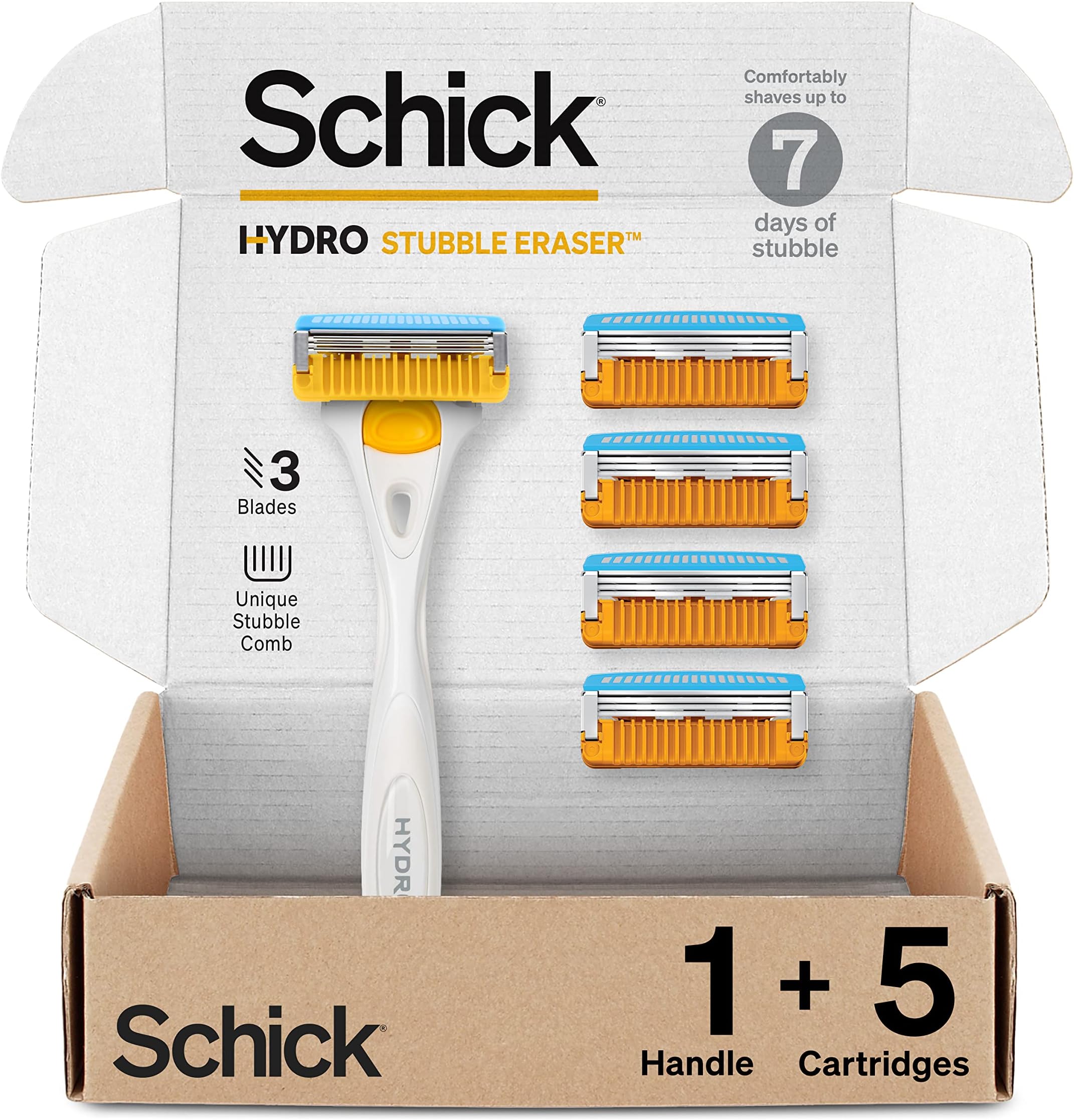 Hydro Stubble Eraser Razors for Men | 3-Blade Mens Razors for Shaving, 1 Mens Razor Handle with Stubble Comb and 5 Razor Blades Refills