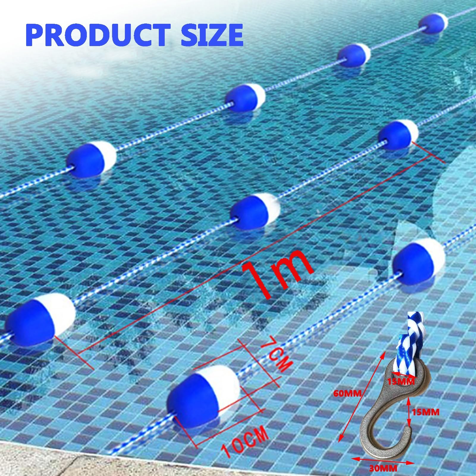 Divisores de carril de piscina azul y blanco, cuerda de boya de seguridad duradera con 2 ganchos, valla flotante para piscinas, playas y vías fluviales, equipo divisor de piscina esencial