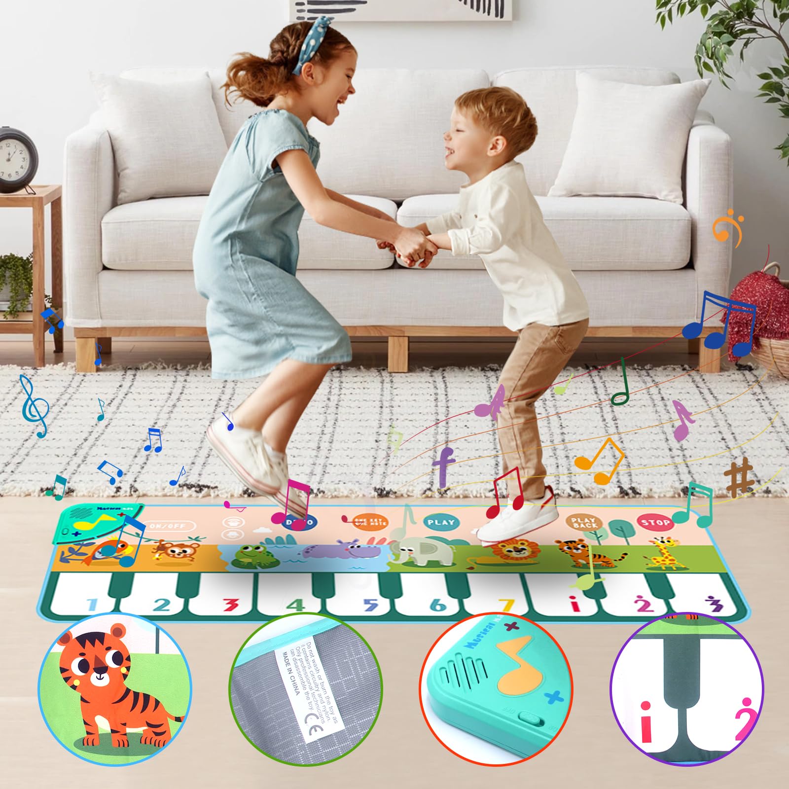 YESLUSY Musikmatte für Kinder mit 8 Tieren, Baby Spielzeug ab 1 Jahr Tanzmatte Klaviermatte, kinderspielzeug ab 1 2 3 4 Jahr Mädchen, Geschenk Mädchen Junge Weihnachts Geburtstag