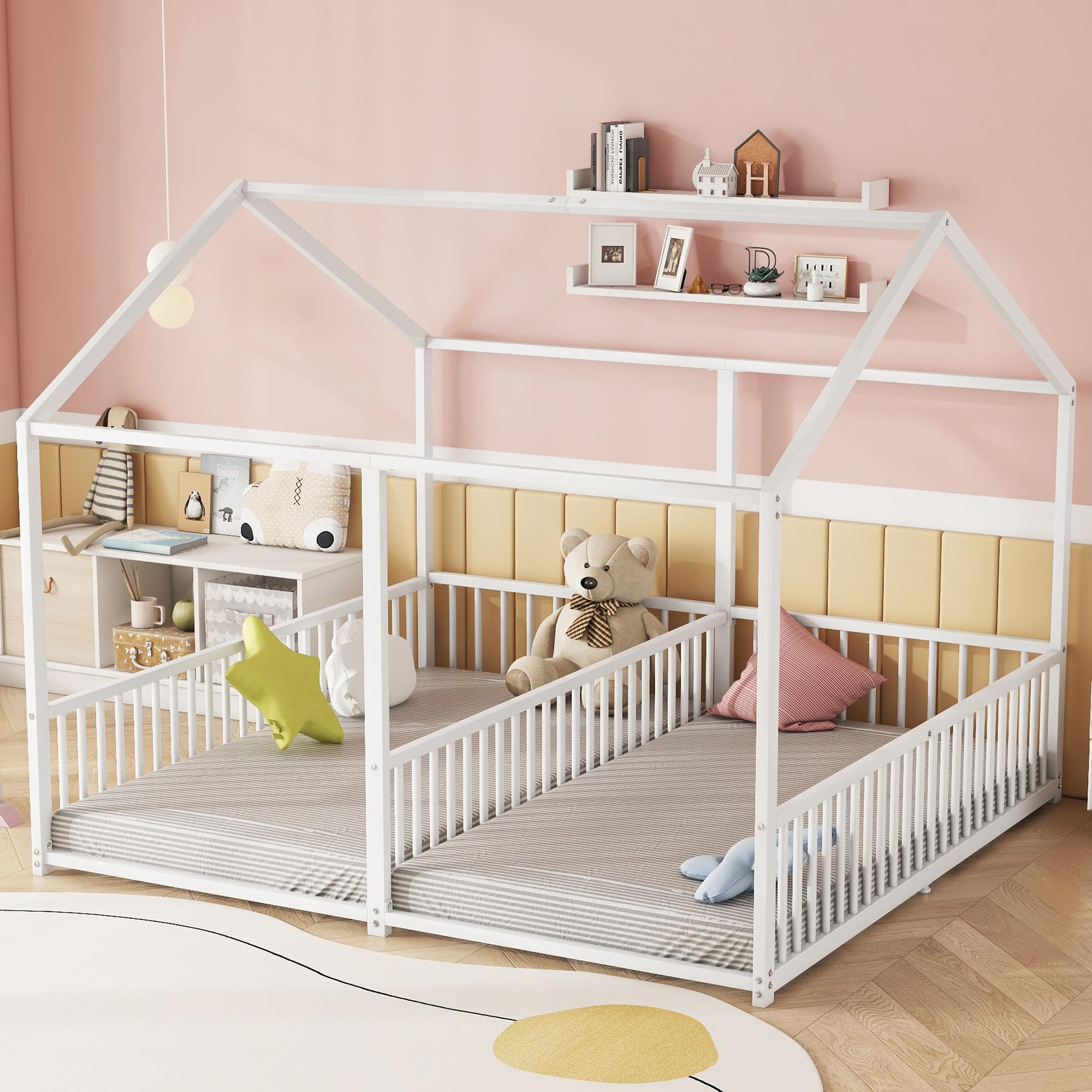 Letto per bambini 90 x 200 cm Due letti da 90 cm con protezione anticaduta, Letto a casa Letto a pavimento Letto gemellare con design a forma di casa, Letto per bambini Telaio in ferro