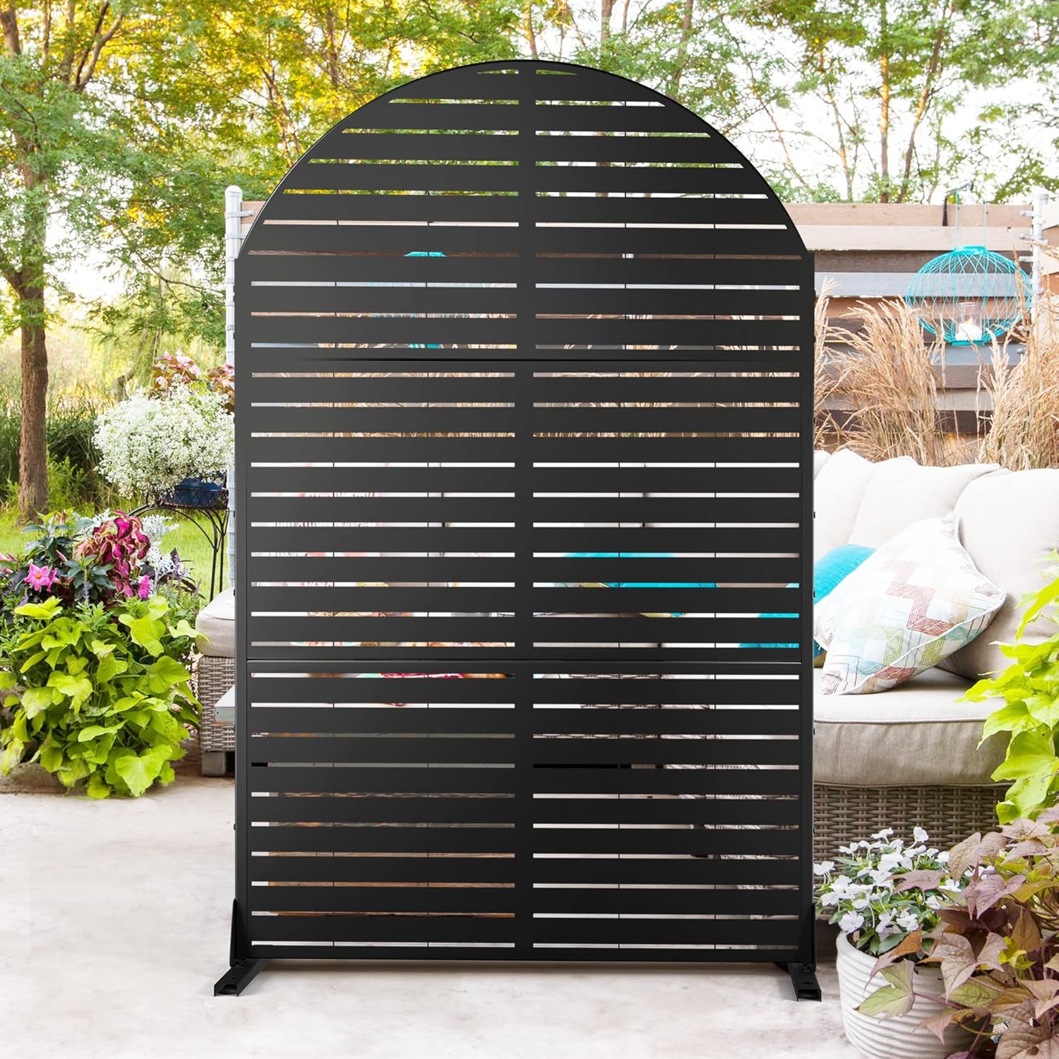 Metal Privacy Screen Outdoor 72" H47" W,Freestanding Decorative Privacy Screen for Balcony Yard&Garden, Arched Privacy Fence-Black&Louvered
