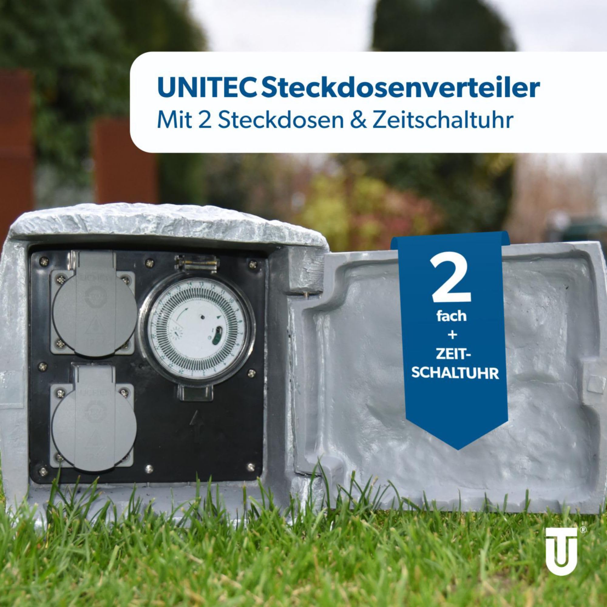 UNITEC Steckdosenverteiler Garten Steinoptik IP44 2 Steckdosen Würfel ZSU
