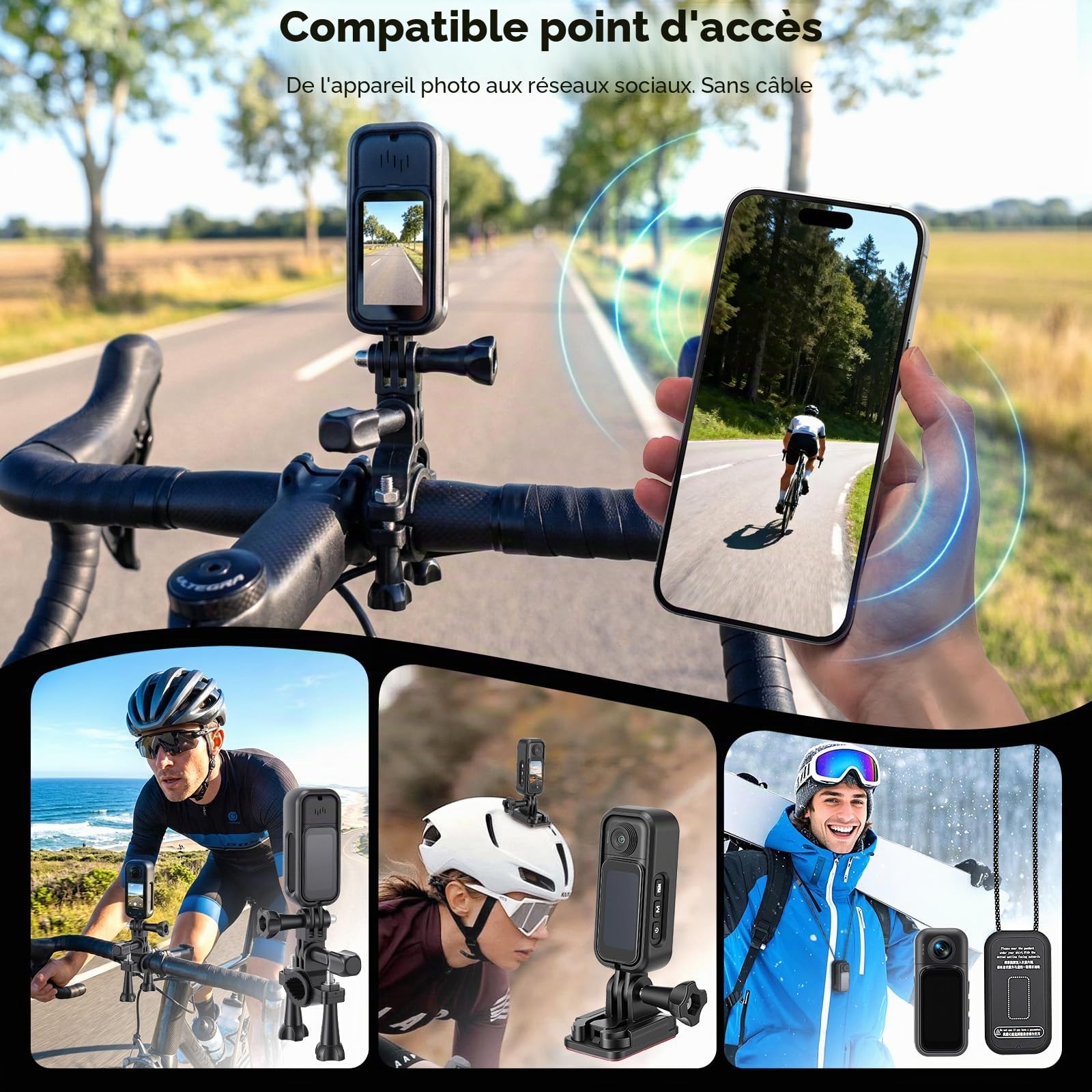 Mini caméra d'action Wi-Fi 1080p, 360° 64 Go, caméra d'action sport HD avec objectif rotatif à 180°, écran tactile, POV mains libres, caméra sous-marine étanche jusqu'à 30 m, caméra pour casque de