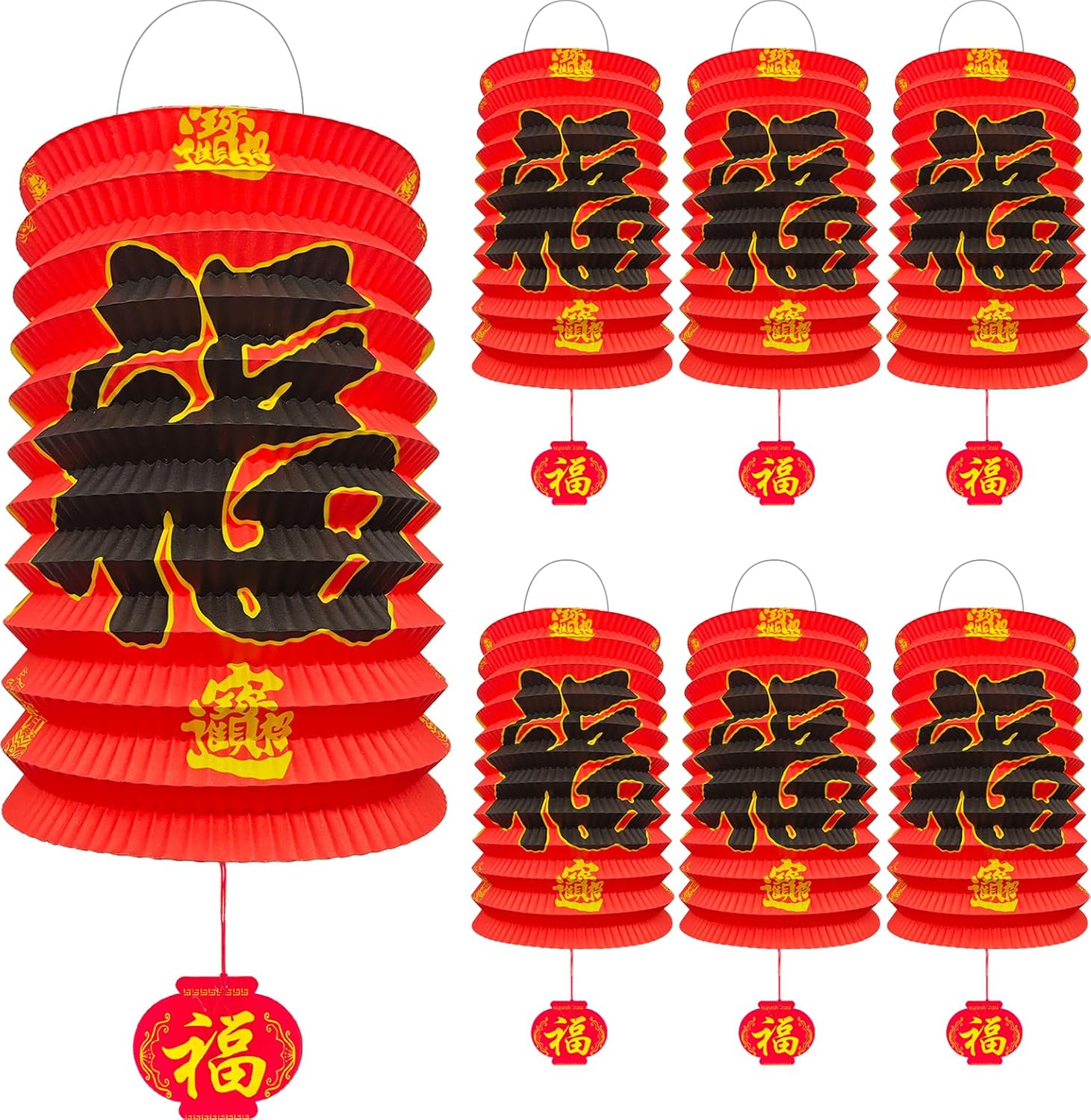 6Pcs Chinese New Year Decorations 2026, 6.3*9.8In Year of The Horse Red Fu Lanterns Lunar Spring Festival Ceiling Hanging Paper Lanterns Lamp Party Supplies Decor for Birthday Wedding Restaurant Store