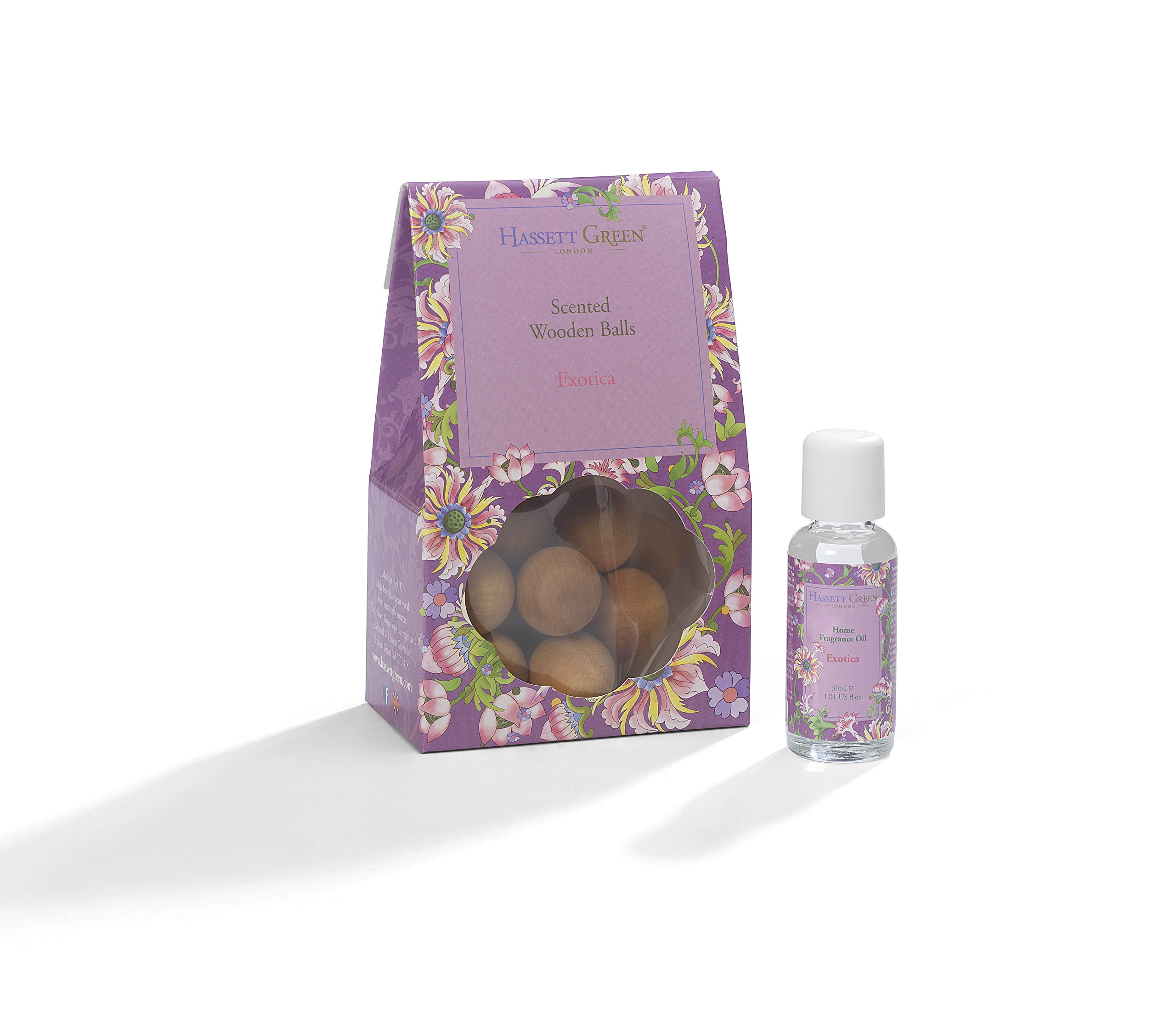 Hassett Green London - Exotica Pear & Melon - Scented Wooden Balls Pack of 12 plus 30ml Bottle of Home Fragrance Oil for Refreshing - Alternative to Pot Pourri & Scented Diffusers
