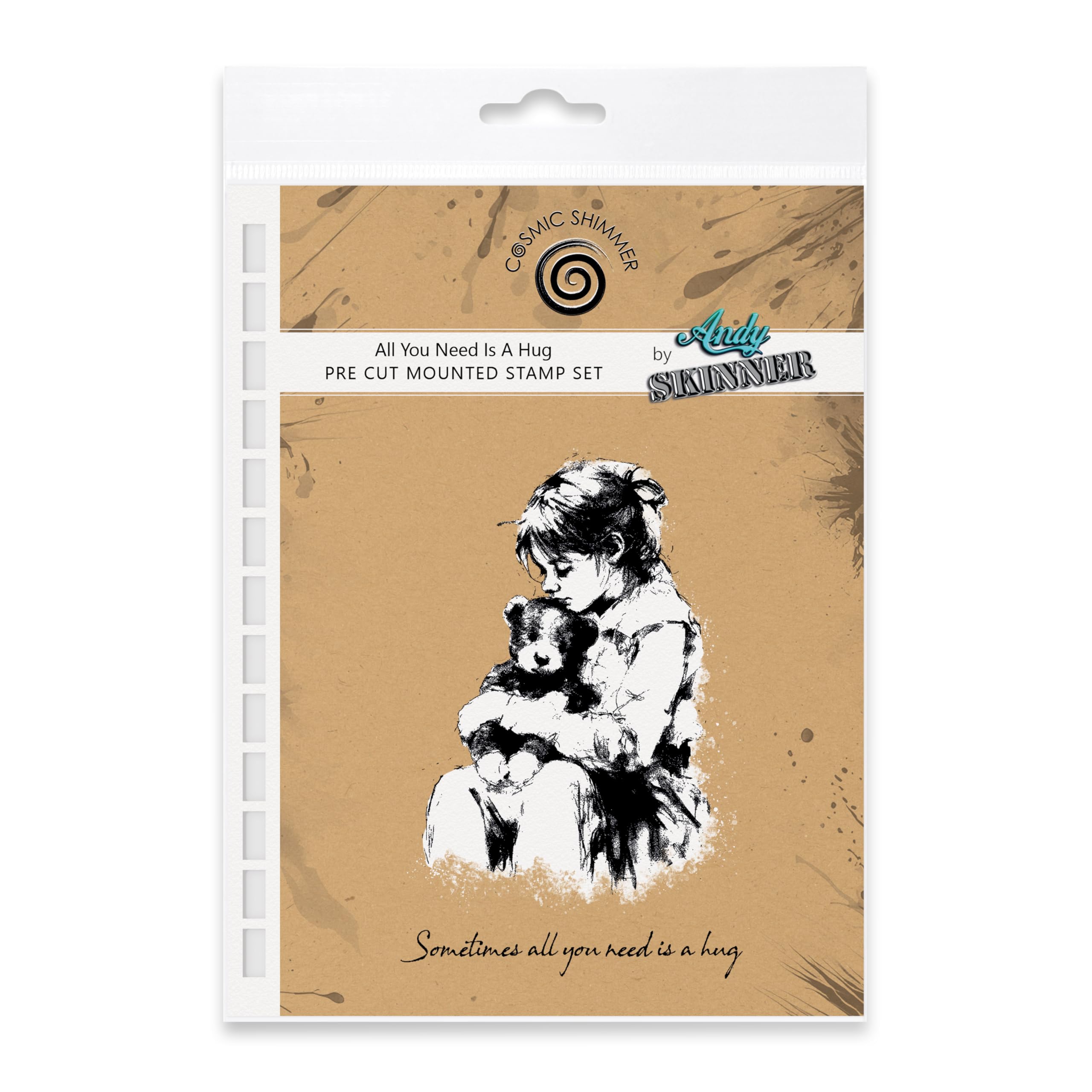 Cosmic Shimmer All You Need is a Hug Pre Cut Mounted Rubber Stamp by Andy Skinner & Katy Sue. Creates a Girl Hugging a Bear for Stamping in Mixed Media, Art Journaling, Card Making. Image 110 x 74mms.