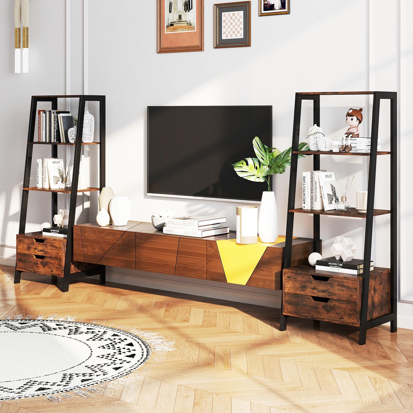 HOMASIS Librería Escalera de Madera con Patas, Estantería Mural con 2 Cajones, Mueble de Almacenamiento con Estantes Escalonados para Dormitorio, Salón, Despacho, 52 x 40 x 134 cm (Marrón)