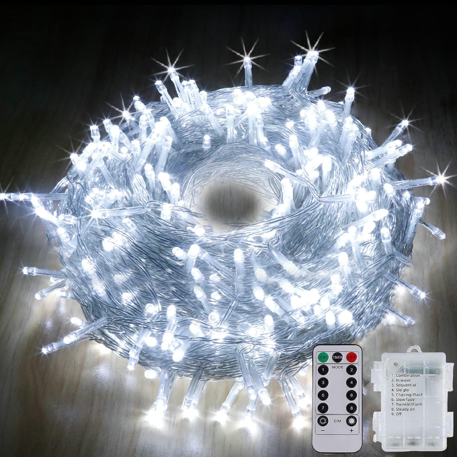 Fairy Lights Battery Powered 12m 120 LED String Lights with Remote 8 Modes Waterproof Outdoor Garden Christmas Lights Decoration for Indoor Party Christmas Tree Wedding Holiday Halloween (Cool White)
