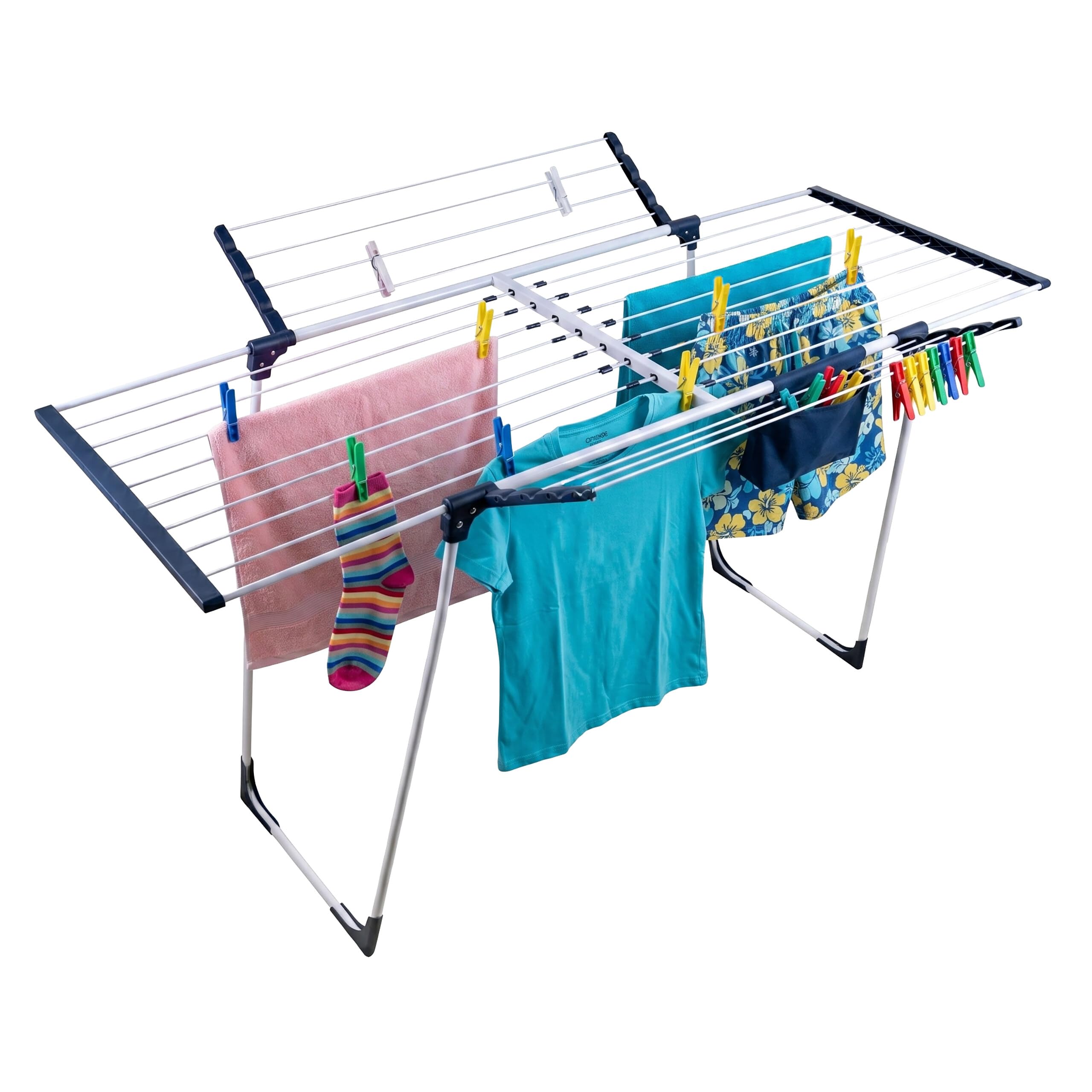 Relaxdays Wäscheständer, klappbar, ausziehbar, weiß/blau | HBT: 96,5x98-161,5x95 cm, Metall, Klammerbeutel, Standtrockner