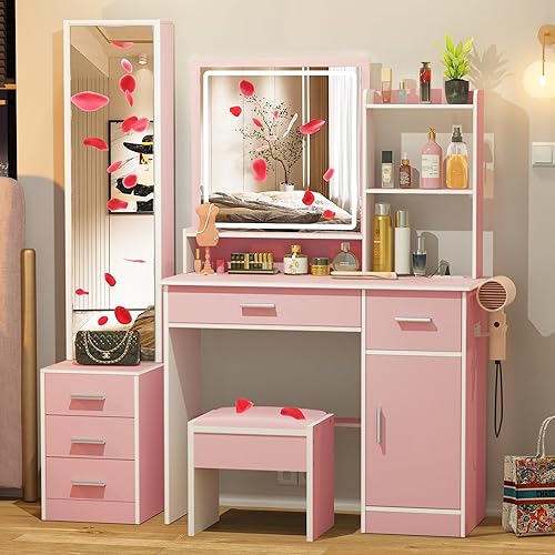 Miniatura 31 de Greenvelly Escritorio de maquillaje blanco con espejo, maquillaje de madera con 3 modos de iluminación, 2 cajones espaciosos y 6 compartimentos de