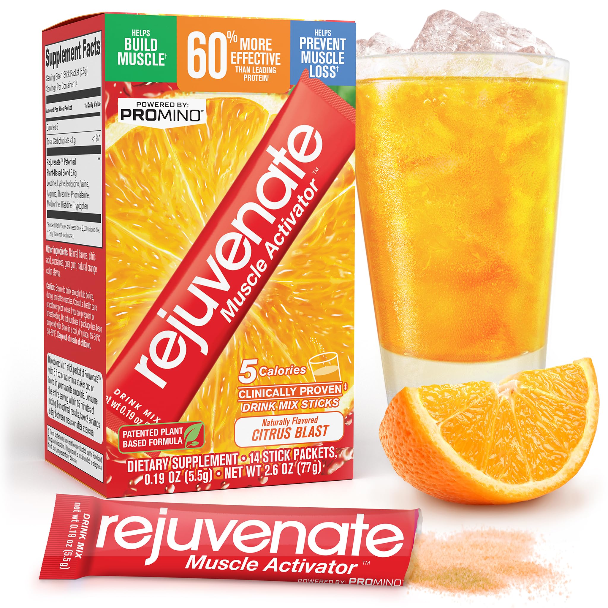 Rejuvenate Muscle Growth + Energy, Perfect Amino Blend (BCAA + EAA), 1 Stick = 40g Whey Protein Equivalency, 11x Better Than Whey Protein, GLP-1 + Bariatric Approved*, Citrus Blast, 14 Count