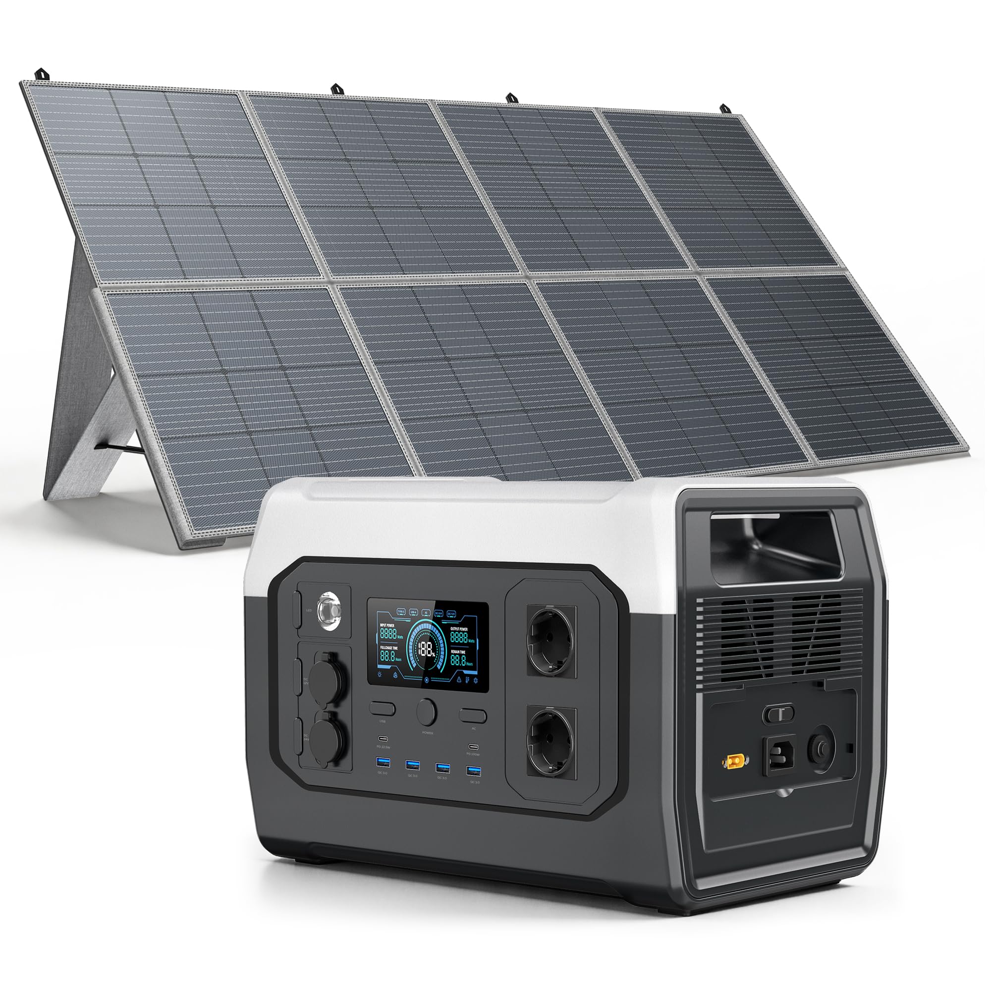XP1000 station électrique portable 1000 W avec panneau solaire 400 W, batterie LFP (LiFePO4), EU Prise 220-240V, UPS, jusqu'à 1800 W pour la maion, les coupures de courant et le camping