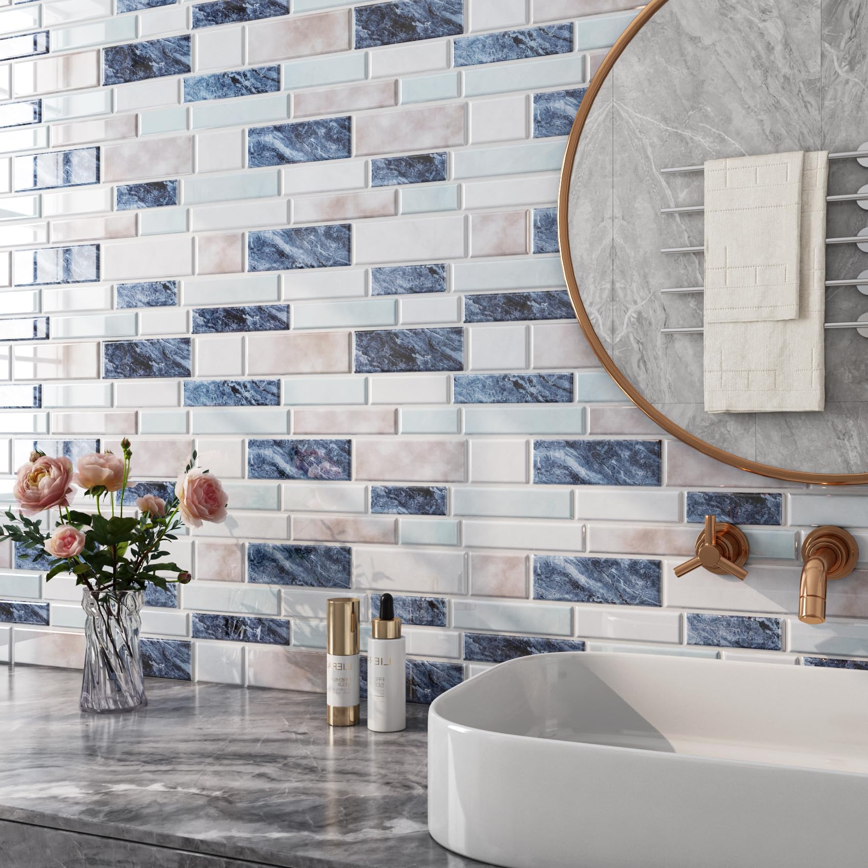 FunStick 30×30CM 15 Losetas Vinilo Para Paredes de Cocina Efecto Marmol Vinilo Adhesivo Impermeable pare Azulejos de Cocina Azul Baldosas Adhesivas Pared Baño 3D Pegatinas Vinilos Baño Azulejos Azul