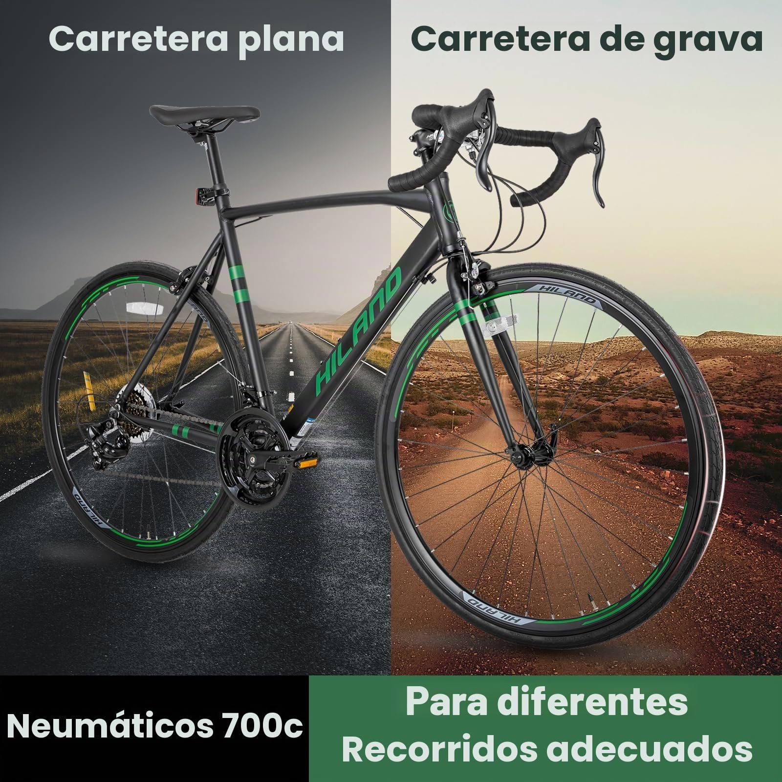 HILAND Daring Bicicleta de Carretera 28 Pulgadas, 14 Velocidades, Cuadro de Aluminio de 49/53/57 cm, 700C Bicicleta para Uso Diario para Hombre y Mujer, Frenos de Pinza, Negra/Roja/Verde