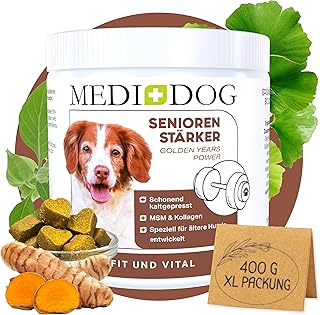 MEDIDOG Seniorenstärker – 400g – 14in1 Kraftpaket - kaltgepresste Drops - ältere Hunde, Unterstützung im Alltag, Gelenktabletten, Magen&Darm, Leber, Anti-Stress, getreidefrei ohne Konservierungsstoffe