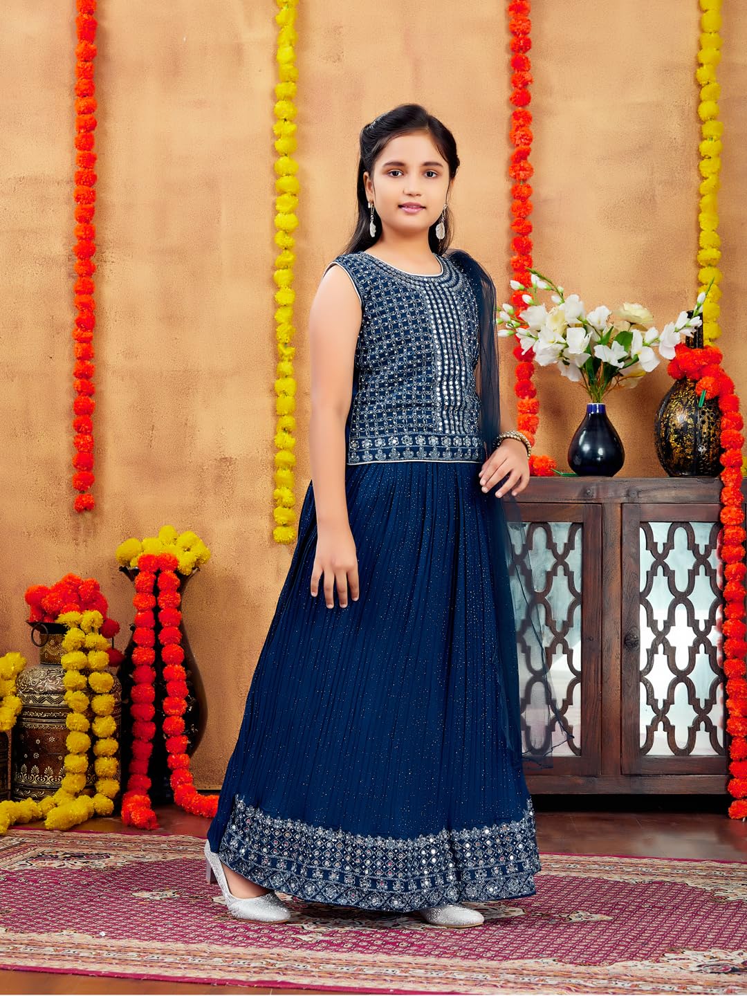 Aarika Girls Ethnic Wear Teal Blue Colour Mirror Embroidery Georgette Lehenga Choli Set (4-10 Years)