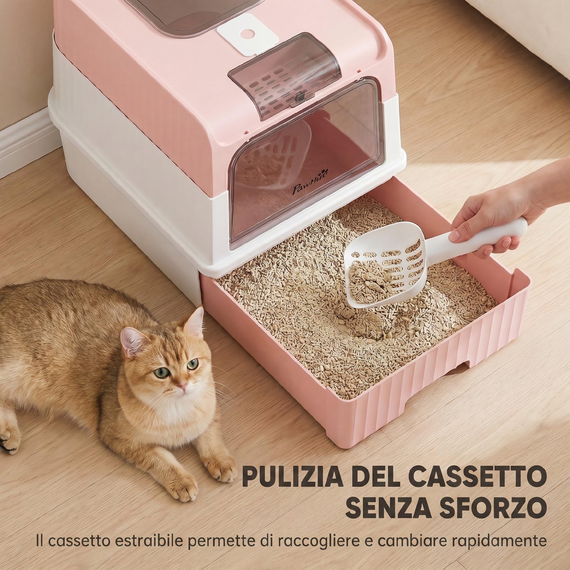 PawHut Litière Chat avec Couvercle, tiroir amov., Pelle, intimité, Rose
