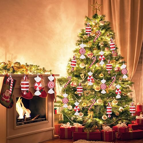 Miniatura 7 de 14 piezas de bolas de caramelo colgantes navideñas, adornos de bastón de caramelo rojo y blanco colgante para decoración del hogar, parte del árbol