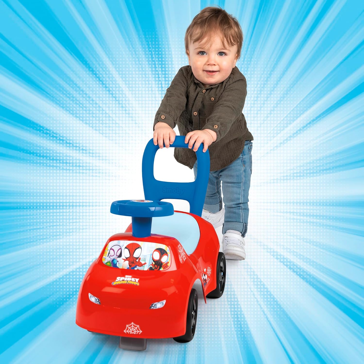 Véhicule ride-on avec vue du volant et du rangement