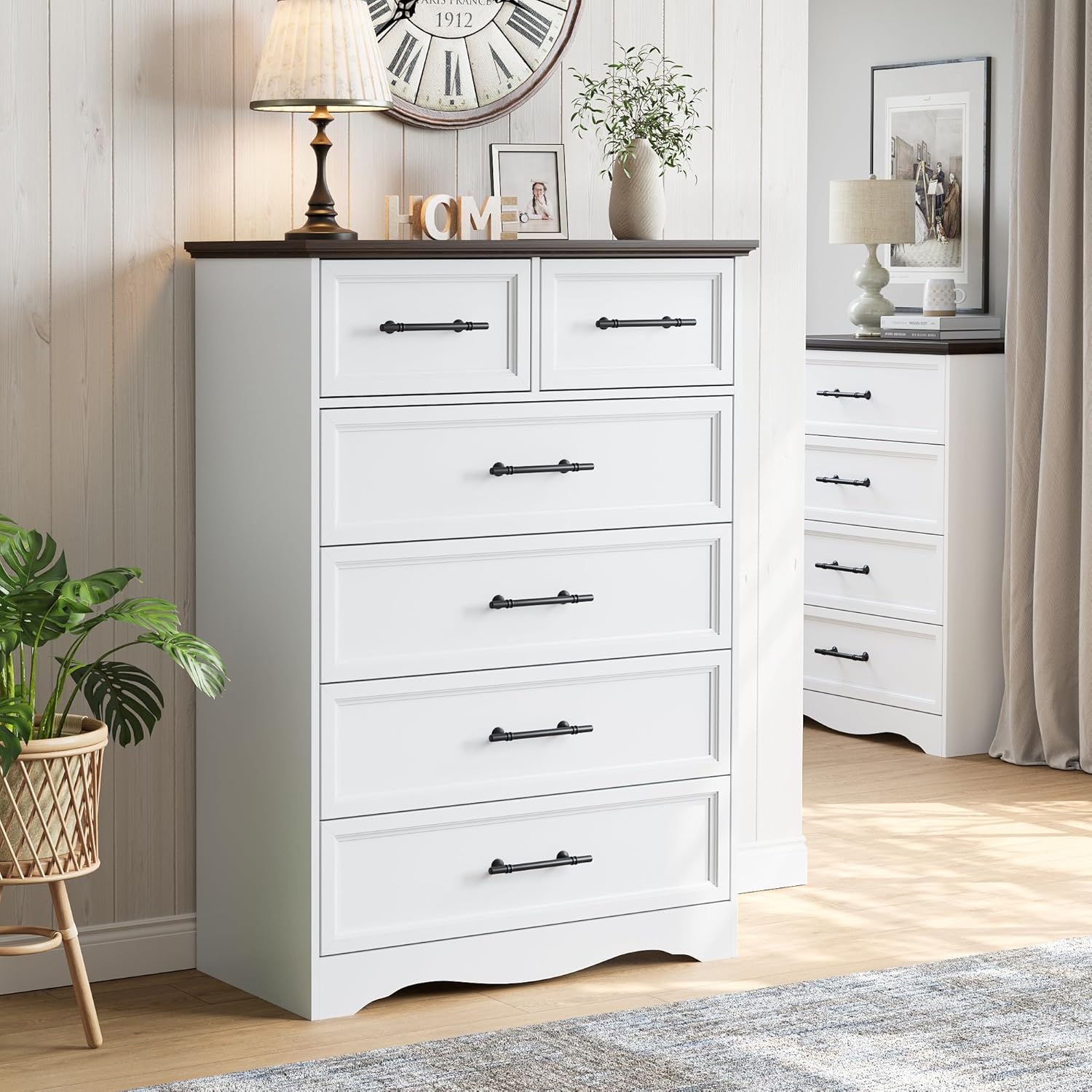 White Dresser for Bedroom, Farmhouse 6 Chest of Drawers, Modern 44" Tall Chest of Drawers with Brushed Metal Handle, Wood Closet Organizers and Storage Cabinet for Bedroom, Living Room - Image 2