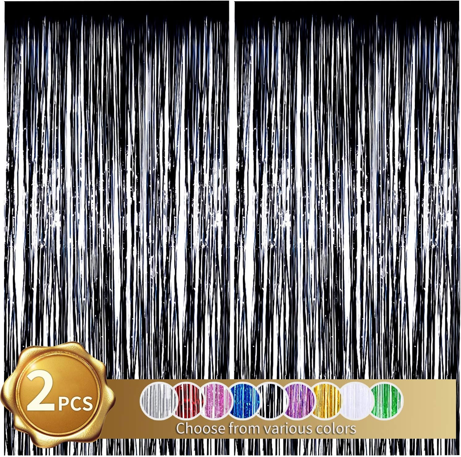 BEISHIDA2 Pack Foil Fringe Curtain,Black Tinsel Metallic Curtains, Photo Backdrop Streamer Curtain for Halloween Wedding Bridal Shower Birthday Bachelorette Graduation Party Decor(3.28 ft x 6.56 ft)