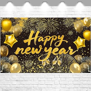 Happy New Year 2026 Decorations Banner Party Backdrop Large Polyester Sign Poster Black Background with Pattern for 2026 New Year Party Festival Home Decor Photo