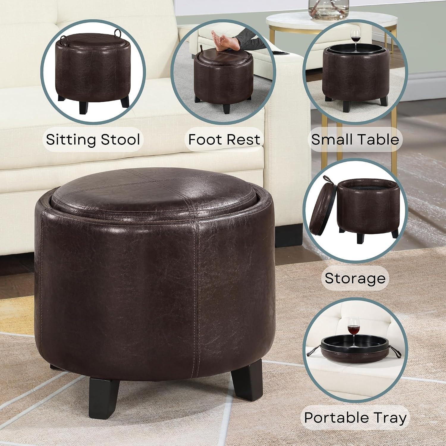Convenience Concepts Designs4Comfort Oscar Accent Storage Ottoman 19" - Round Modern Upholstered Foot Stool and Small Tray Table for Living Room, Storage Ottoman Seat, Espresso Vegan Leather