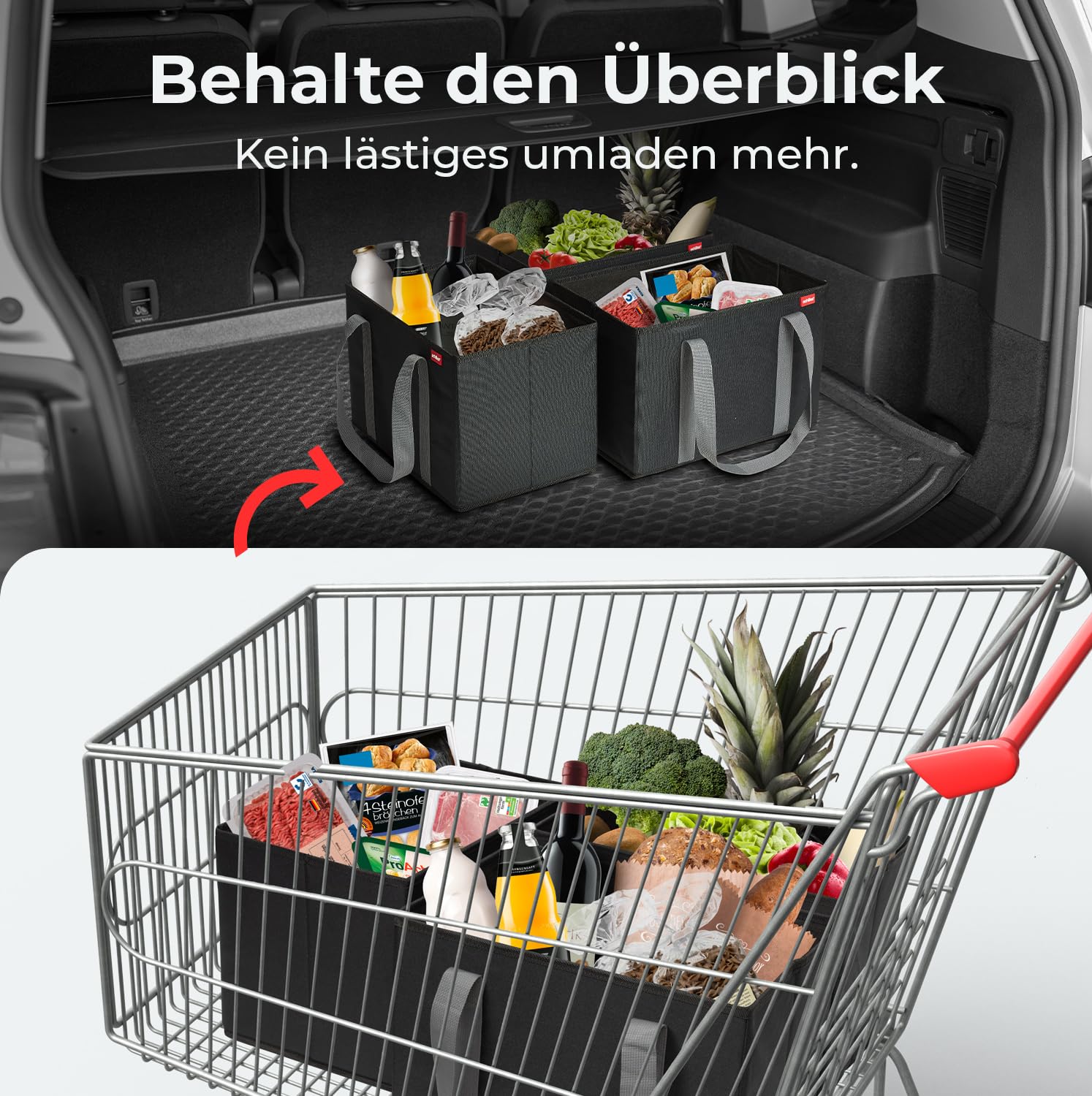 achilles 3er Set Einkaufskorb - Einkaufstaschen - Aufbewahrungsboxen - Kofferraum-Taschen - Einkaufsbox - schwarz - 37x25x25cm