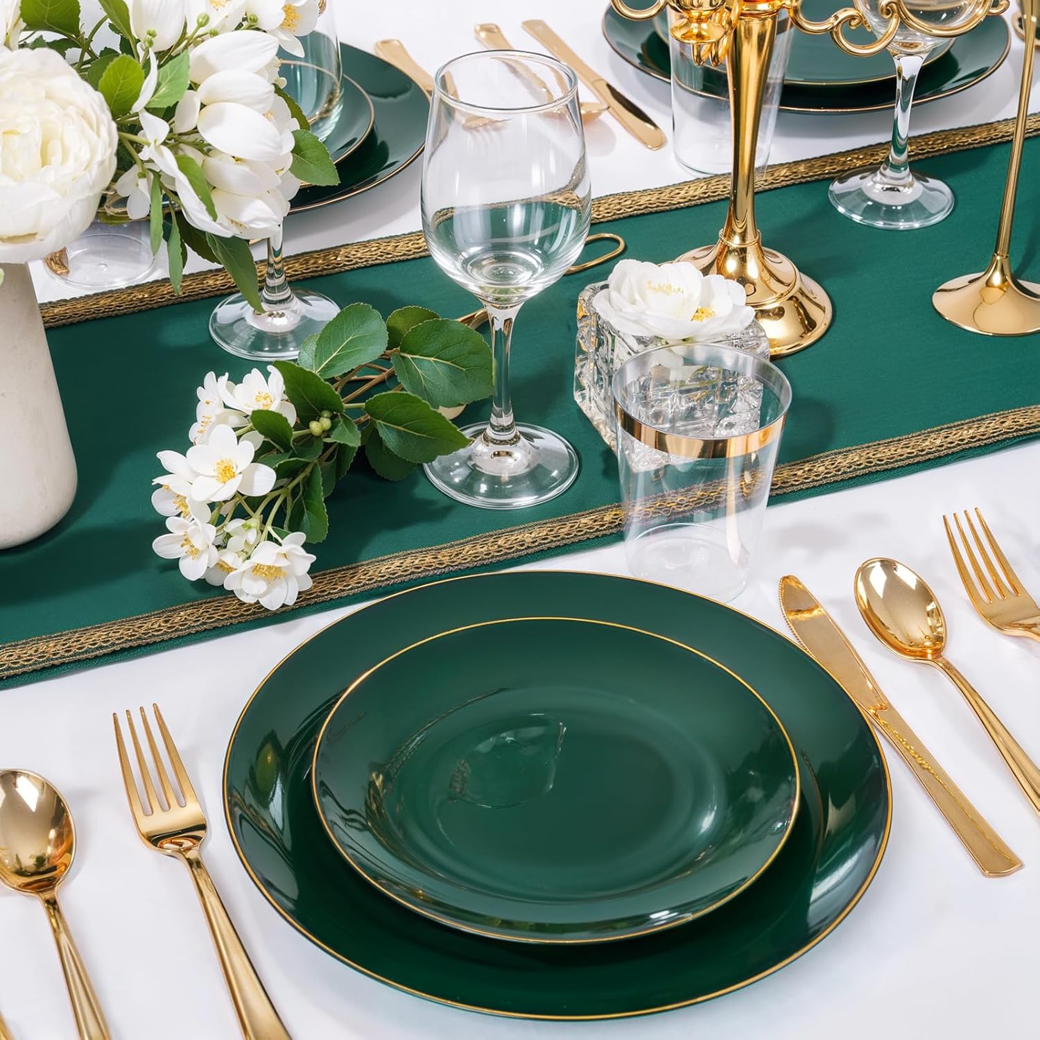 Nervure 100Pcs Green and Gold Plastic Plates - 10.25inch Disposable Green Dinner Plates - Heavy Duty Plastic Plate Ideal for Wedding & Party - Image 6