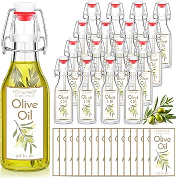 Havawish 16 Pcs 8 oz Mini Olive Oil Bottles Homemade Swing Top Clear Flip Top Bottles with Airtight Lids Labels for Storing Homemade Olive Oil Wedding Baby Shower FavorsCircle