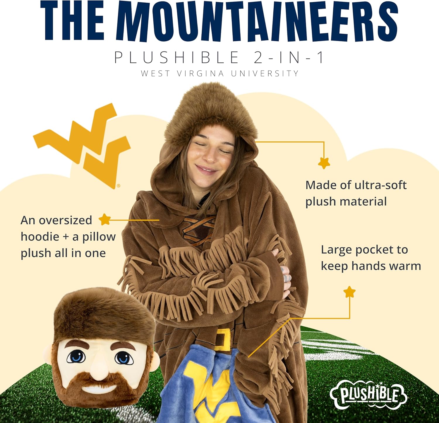 Plushible Wearable Blanket Hoodie - Oversized West Virginia University Mountaineers Long Sleeve Sweatshirt Pocket - 2-in-1 Oversized Hoodie Blanket Pillow - Cozy Snugible Gifts for Men and Women