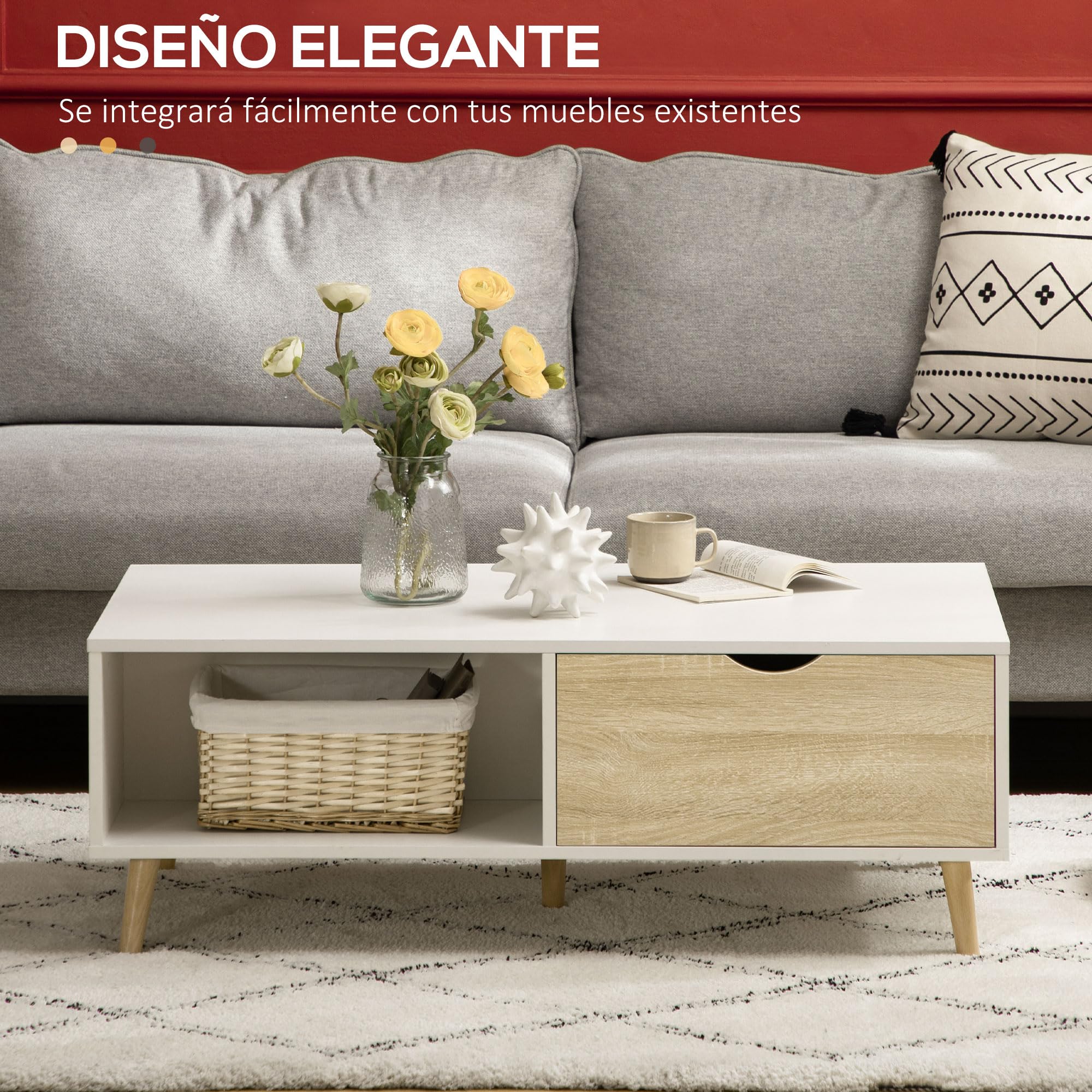 HOMCOM Mesa de Centro Mesa de Salón con 2 Cajones 106x58x39,5 cm Blanco