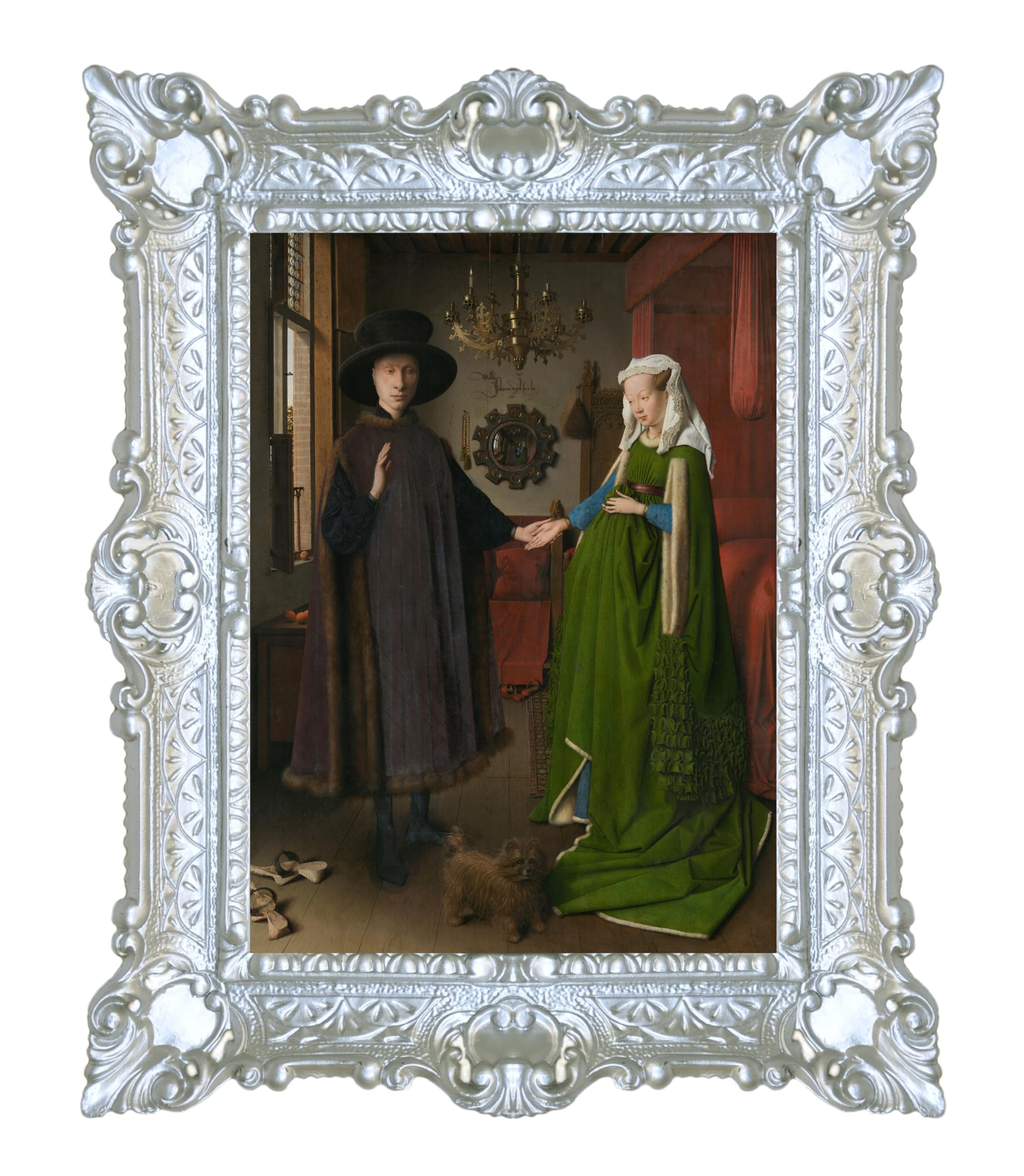 LIGUORO SHOP Quadro I Coniugi Arnolfini di Van EyckRiproduzione Stampata su Carta Effetto Tela con Cornice Barocca cm 55x45 (Argento)