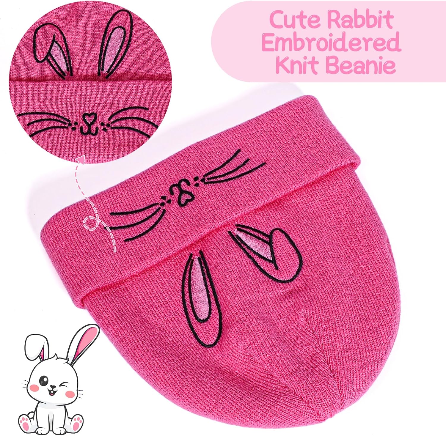 Kids Winter Beanie with Cute Rabbit Embroidery, Warm Knit Hat & Foldable Cuff for Girls Age 7-12 (Cozy Gift) - Image 2