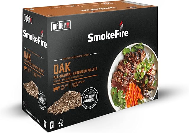 Weber SmokeFire Hardwood Pellets | Oak Cooking Pellets, Best for Beef | 8 kg Box | BBQ & Wood Pellets Smoker Fuel | 100% Natural, Sustainable Wood for Barbeques & Wood Fired Grills (18295)