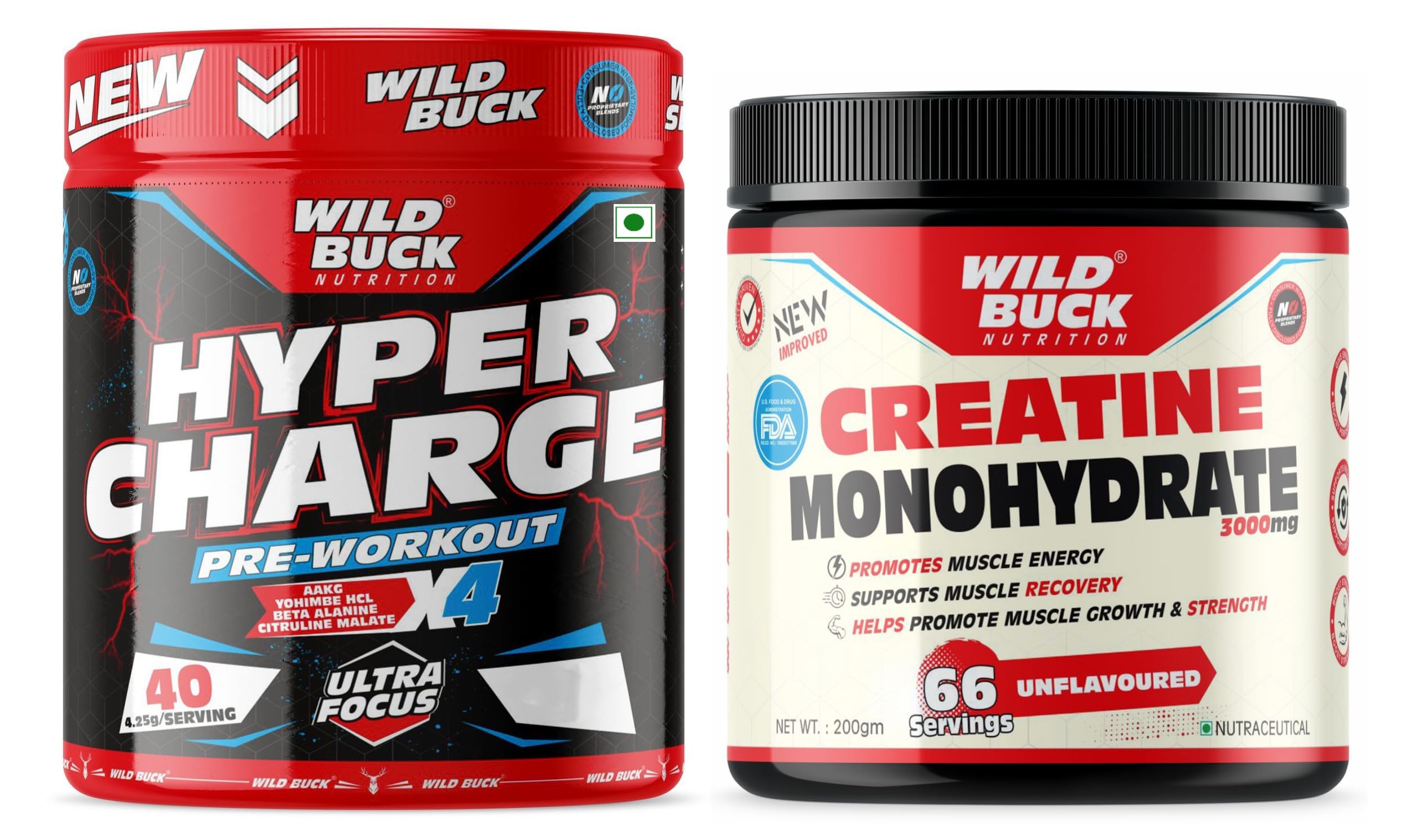 WILD BUCK Hyper Charge Pre-X4 Hardcore Pre-Workout Supplement powder with Creatine Monohydrate, Arginine AAKG, Explosive Muscle Pump, Caffeinated Punch -For Men & Women [40 Serv, Watermelon Twist] + WILD BUCK Creatine Monohydrate Powder,Strength,Reduce Fatigue,100% Pure Creatine,Lean Muscle Building,Supports Muscle Growth,Athletic Performance,Recovery [66 Servings, Unflavoured]